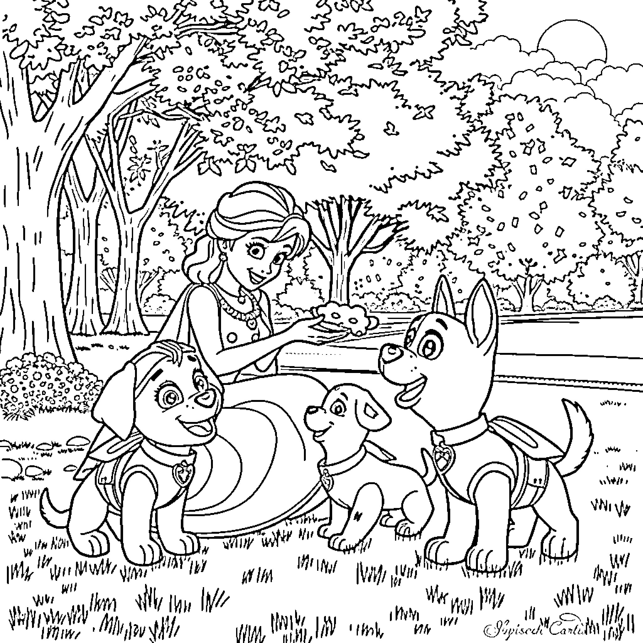 Princess with her loyal animal companions in nature Coloring Page (free black-and-white line drawing printable PDF for all, from beginners to advanced learners, including children, teens, adults, and seniors)