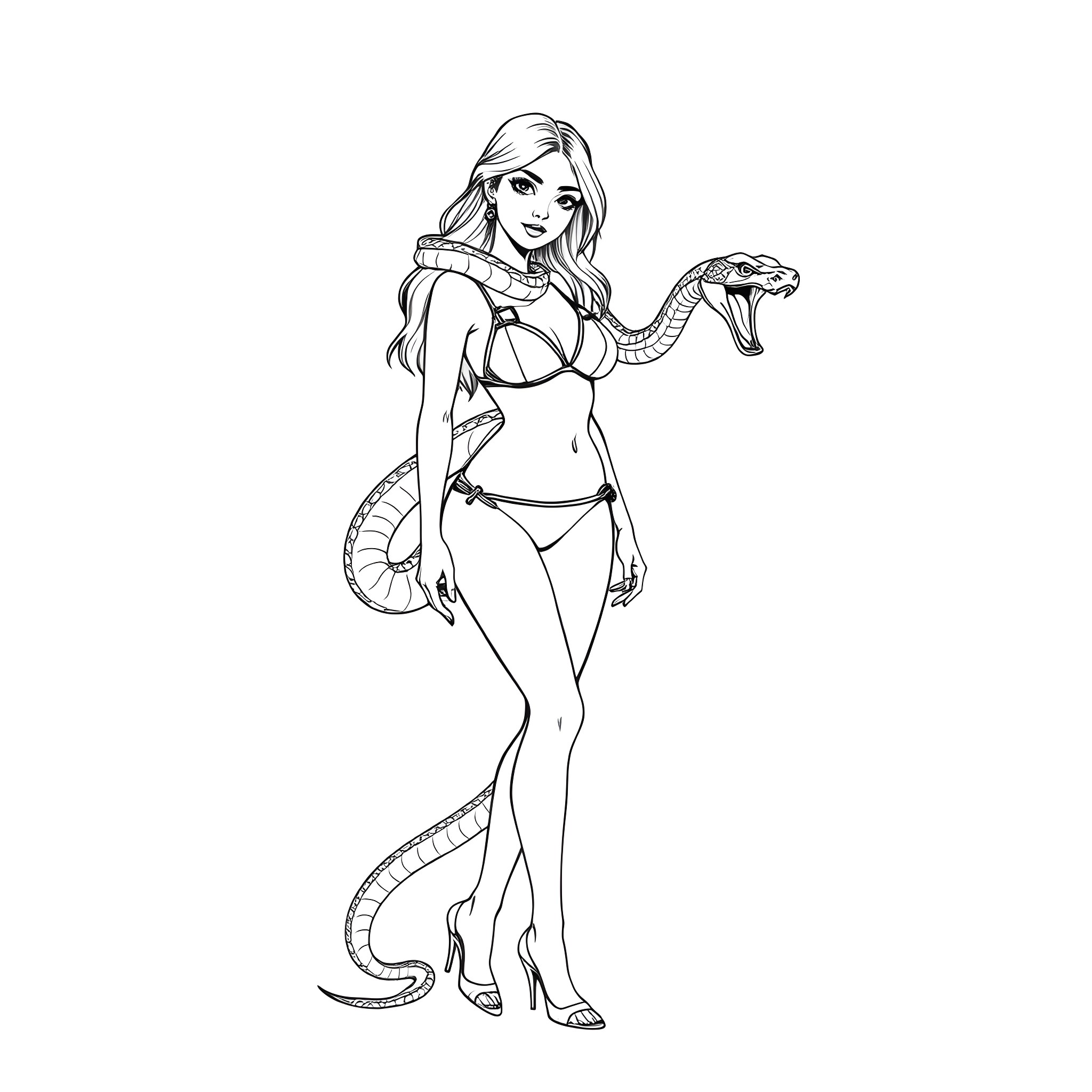 Woman holding a snake in exotic outfit Coloring Page (free black-and-white line drawing printable PDF for all, from beginners to advanced learners, including children, teens, adults, and seniors)