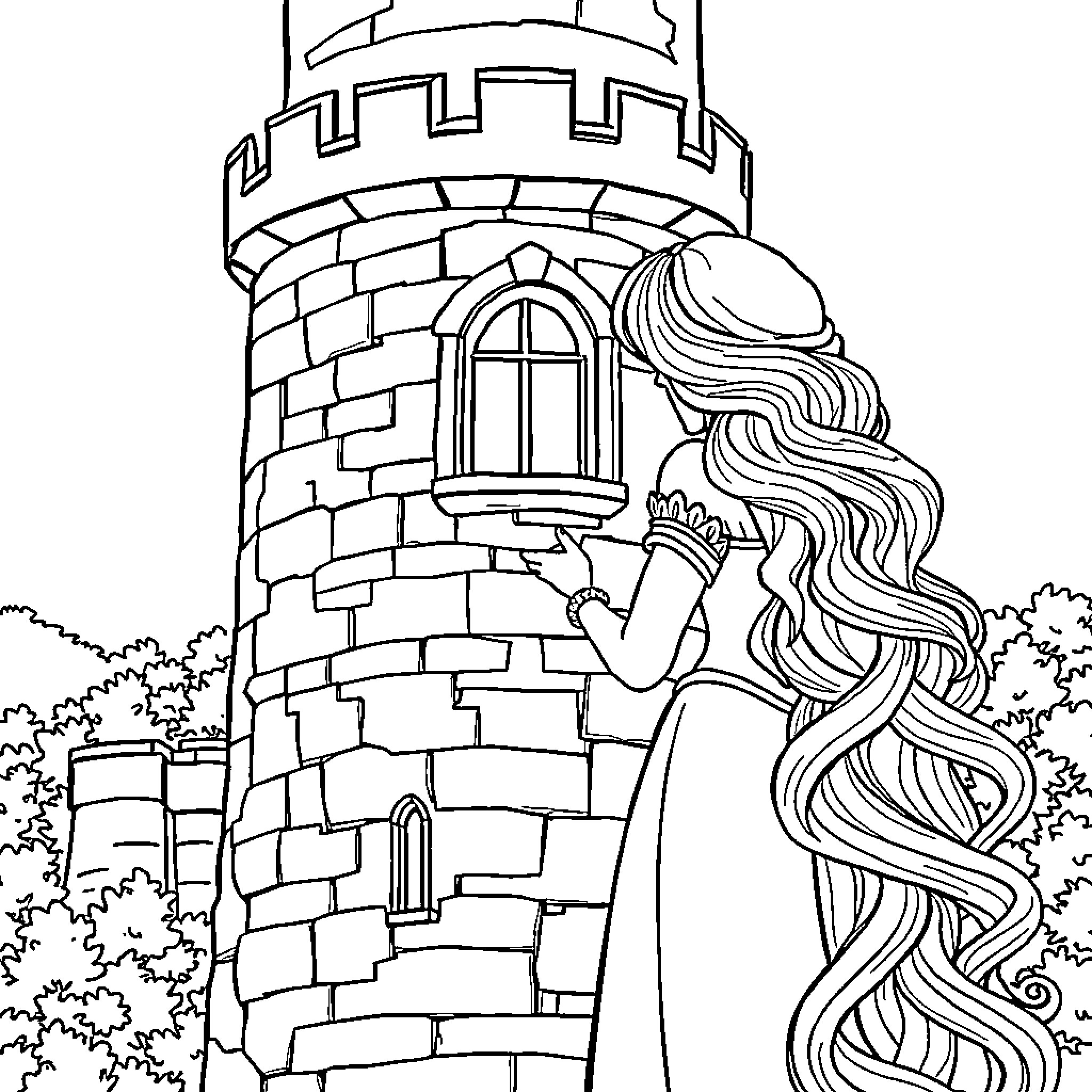 Rapunzel gazing out from her castle tower Coloring Page (free black-and-white line drawing printable PDF for all, from beginners to advanced learners, including children, teens, adults, and seniors)