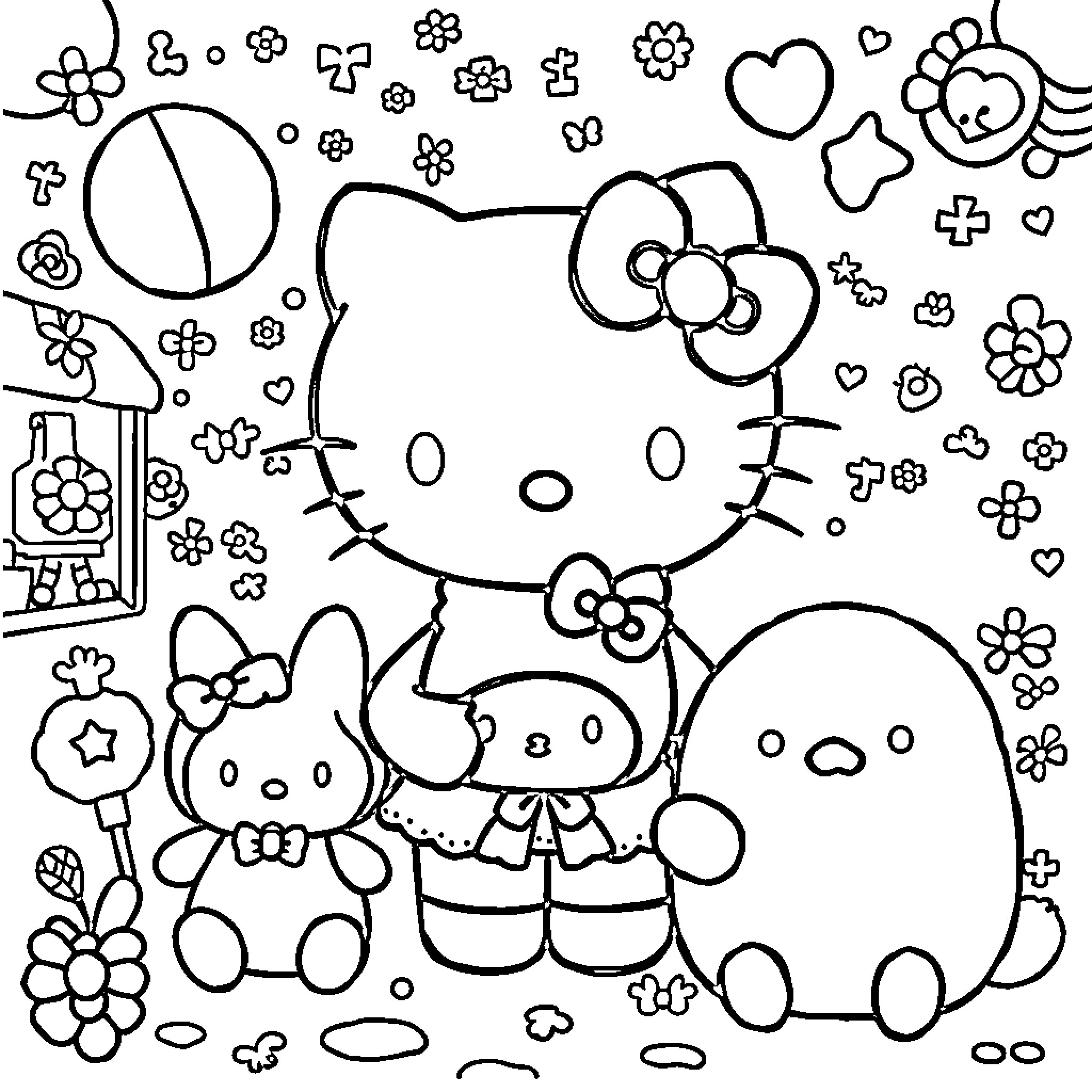 Sanrio Characters in Whimsical Floral Setting Coloring Page (free black-and-white line drawing printable PDF for all, from beginners to advanced learners, including children, teens, adults, and seniors)