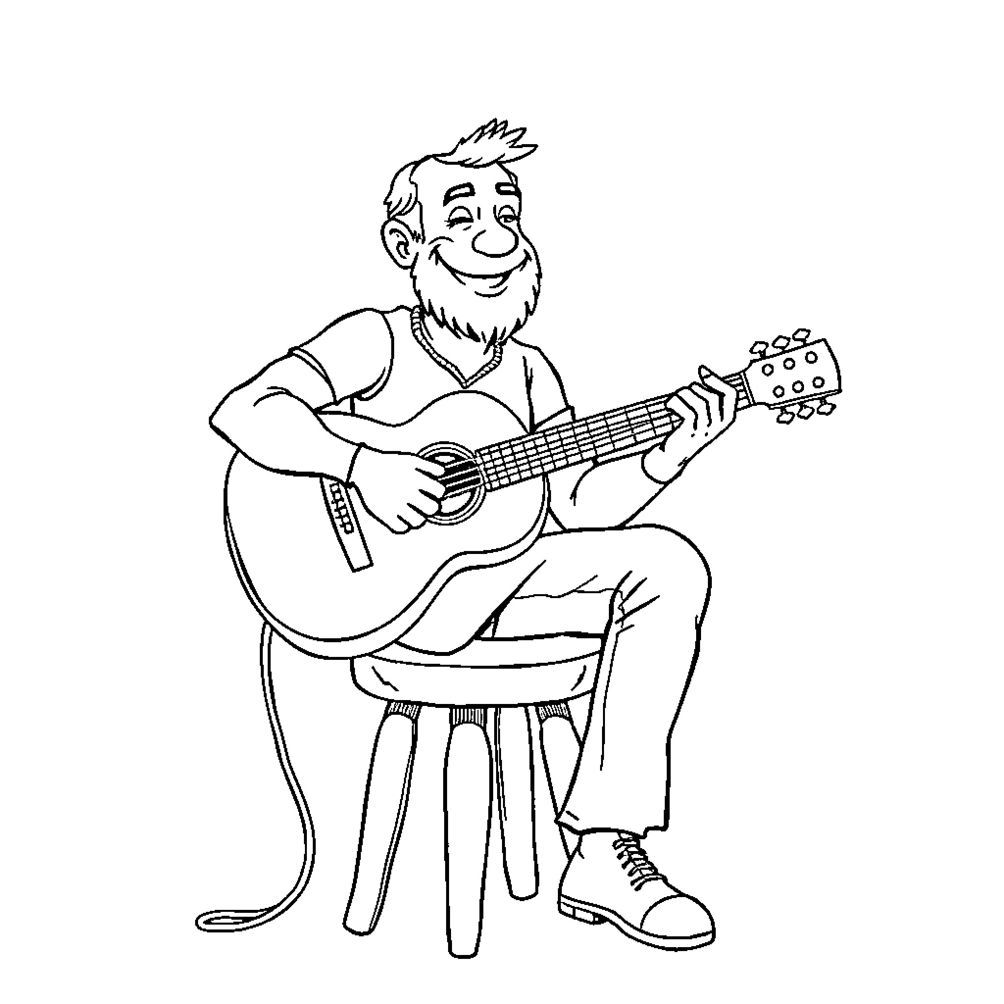 Rum Enthusiast Jamming on Guitar Coloring Page (free black-and-white line drawing printable PDF for all, from beginners to advanced learners, including children, teens, adults, and seniors)