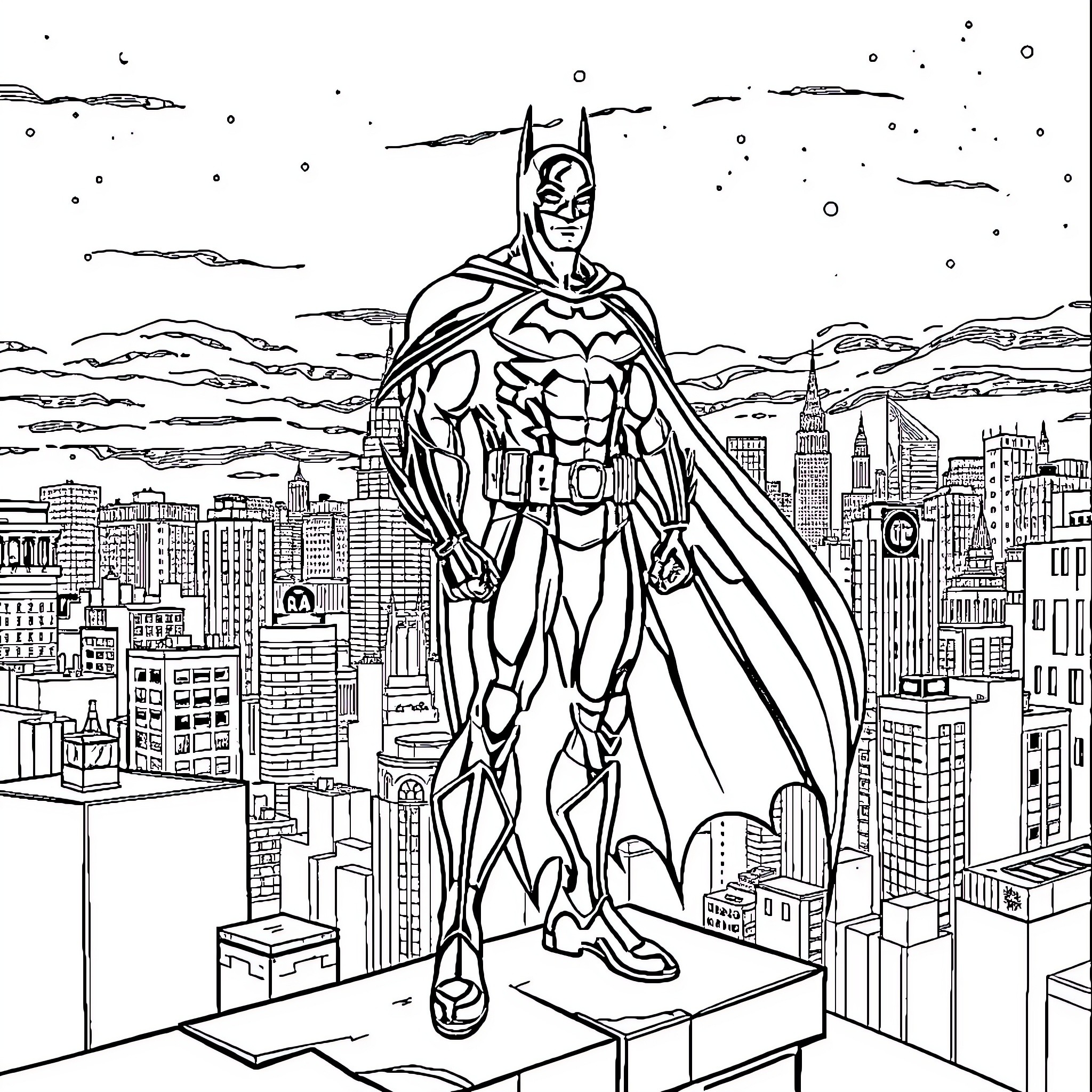 Batman standing tall over the city skyline Coloring Page (free black-and-white line drawing printable PDF for all, from beginners to advanced learners, including children, teens, adults, and seniors)