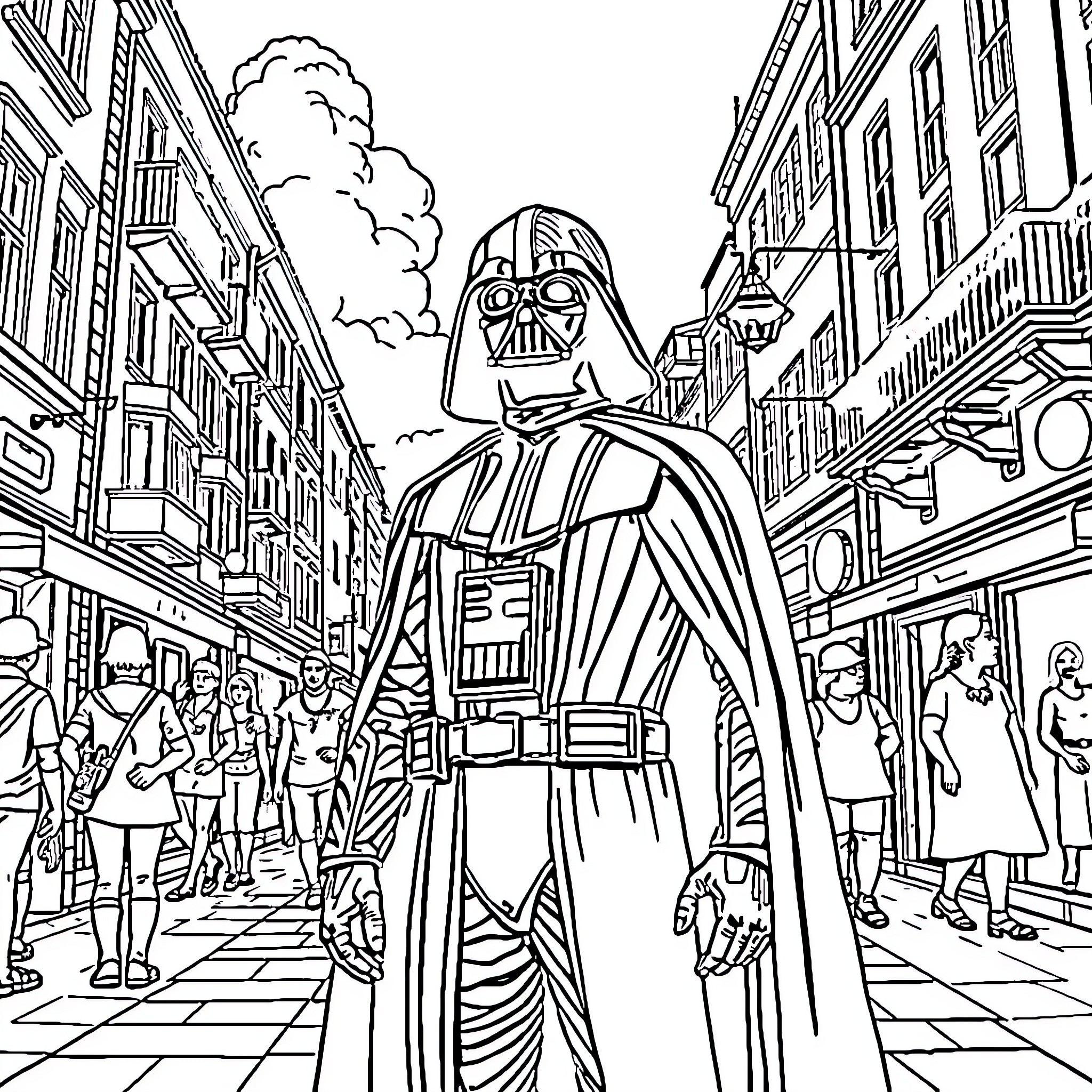Darth Vader walking through a busy city street Coloring Page (free black-and-white line drawing printable PDF for all, from beginners to advanced learners, including children, teens, adults, and seniors)