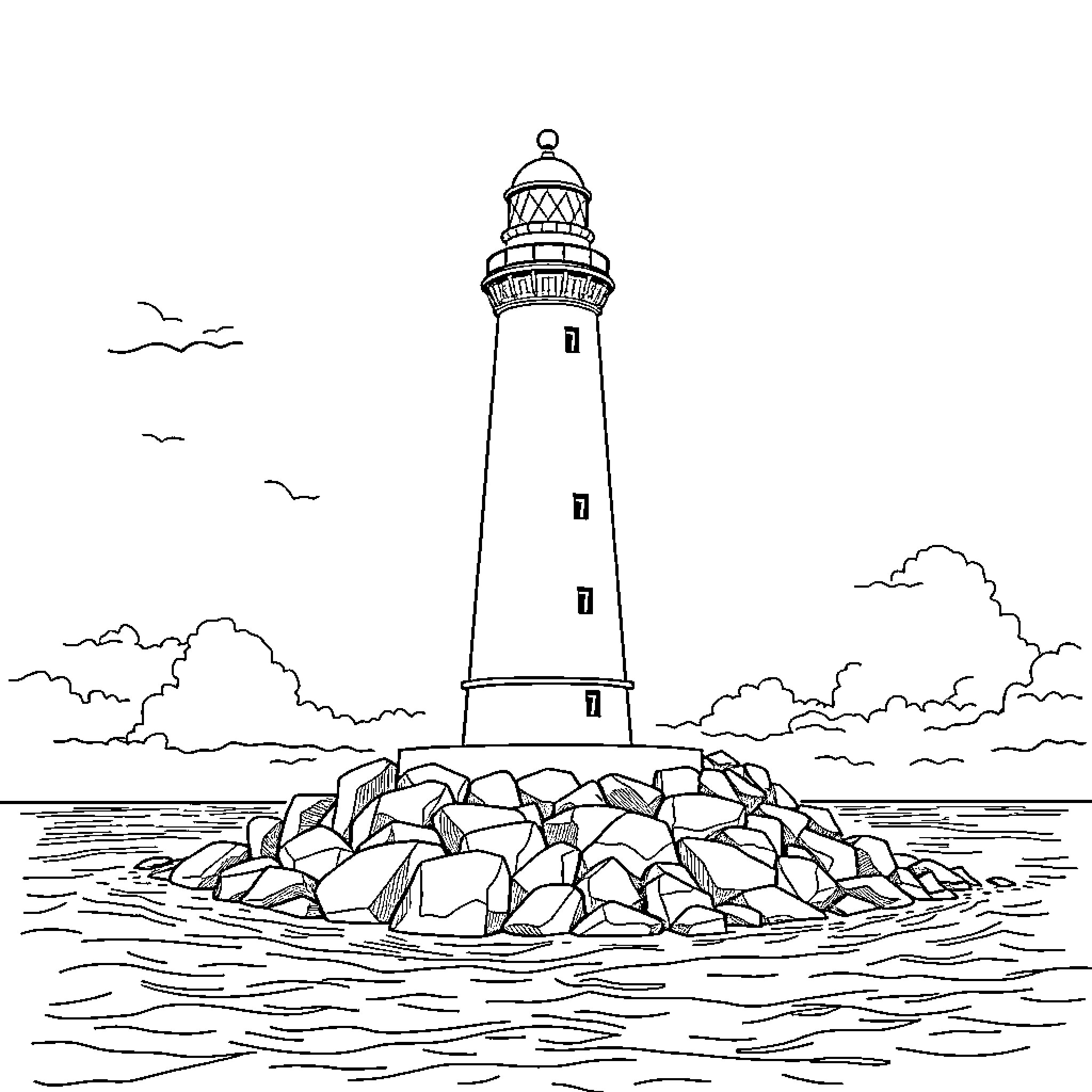 Cozumel Lighthouse standing tall on rocky island Coloring Page (free black-and-white line drawing printable PDF for all, from beginners to advanced learners, including children, teens, adults, and seniors)