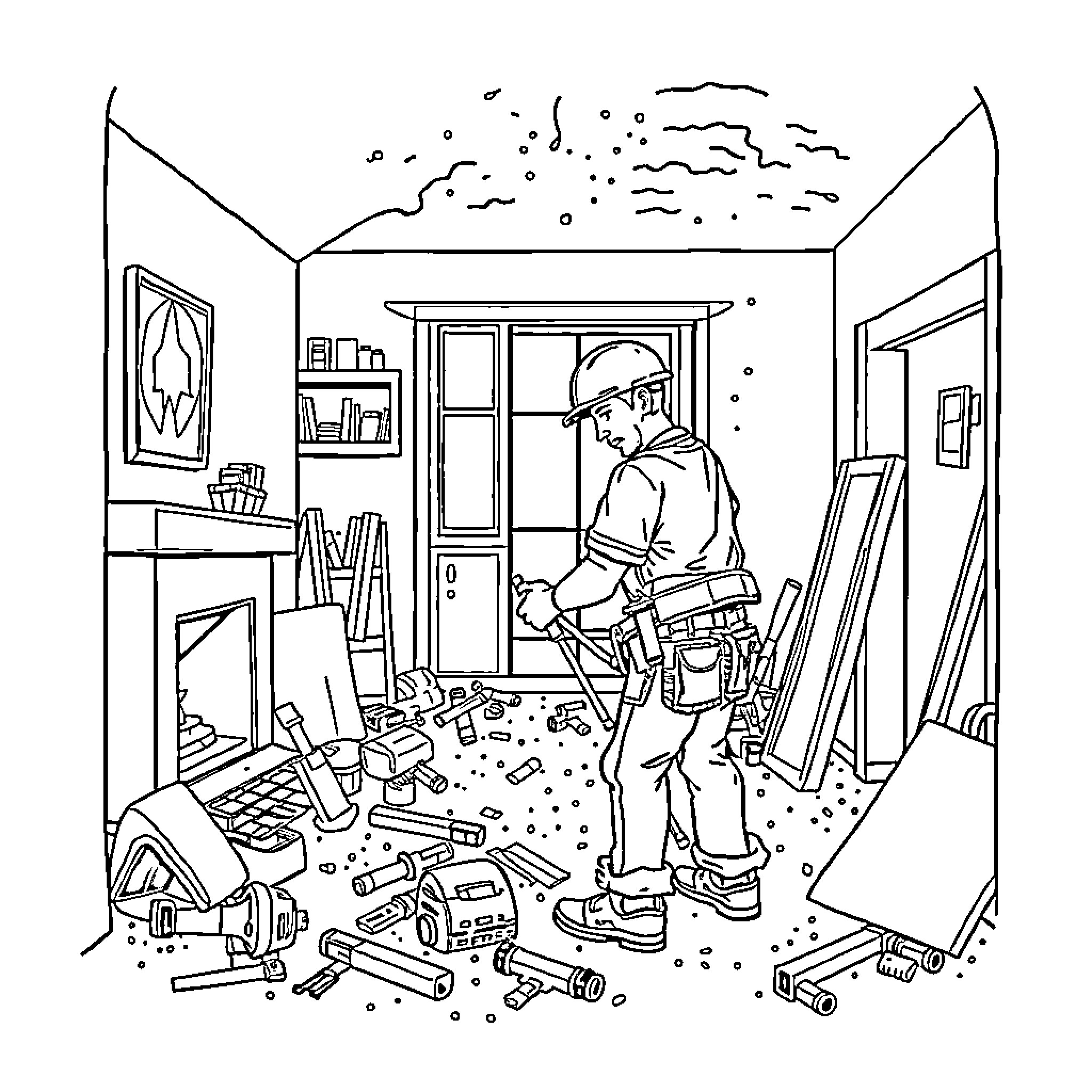 Construction Worker Repairing Cluttered Home Workshop Coloring Page (free black-and-white line drawing printable PDF for all, from beginners to advanced learners, including children, teens, adults, and seniors)