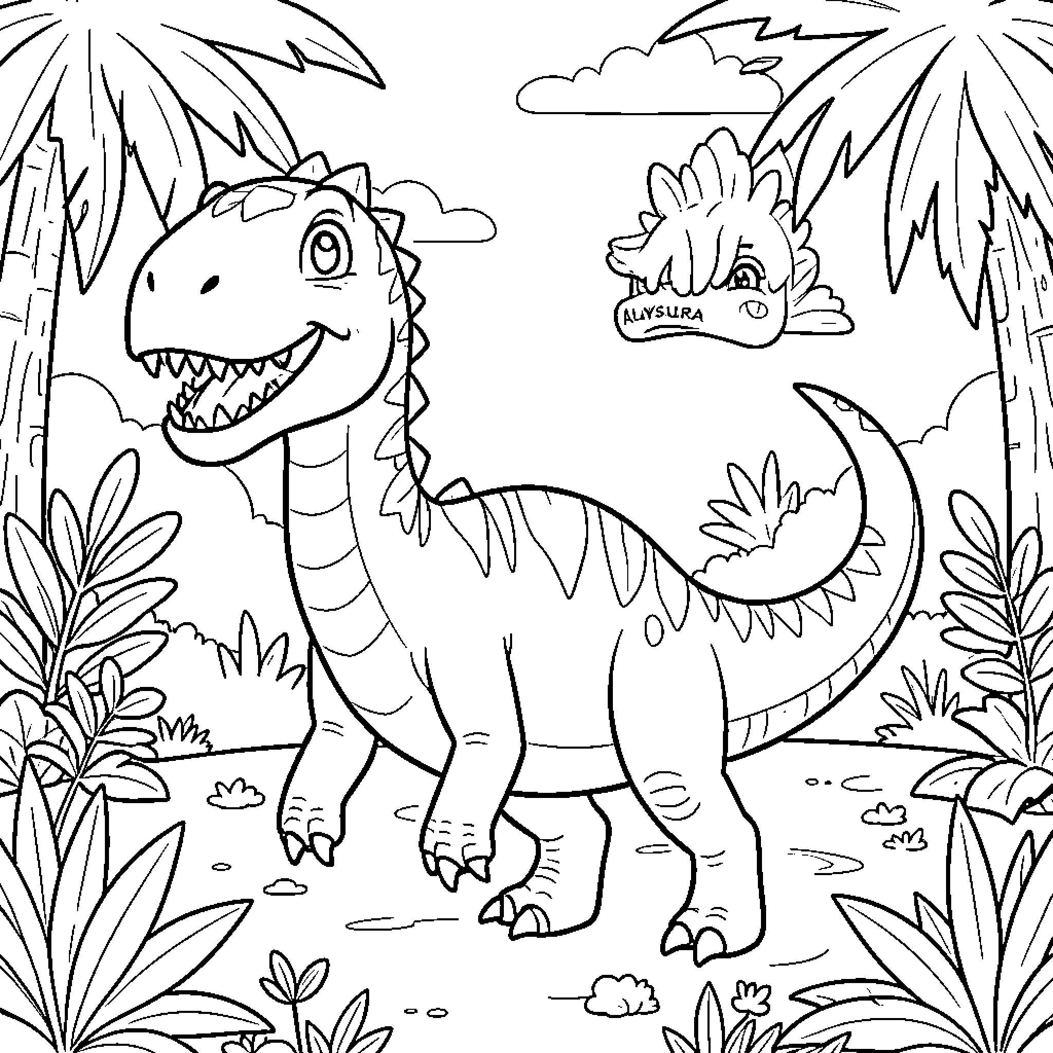 Dinosaur smiling happily in a tropical jungle scene Coloring Page (free black-and-white line drawing printable PDF for all, from beginners to advanced learners, including children, teens, adults, and seniors)