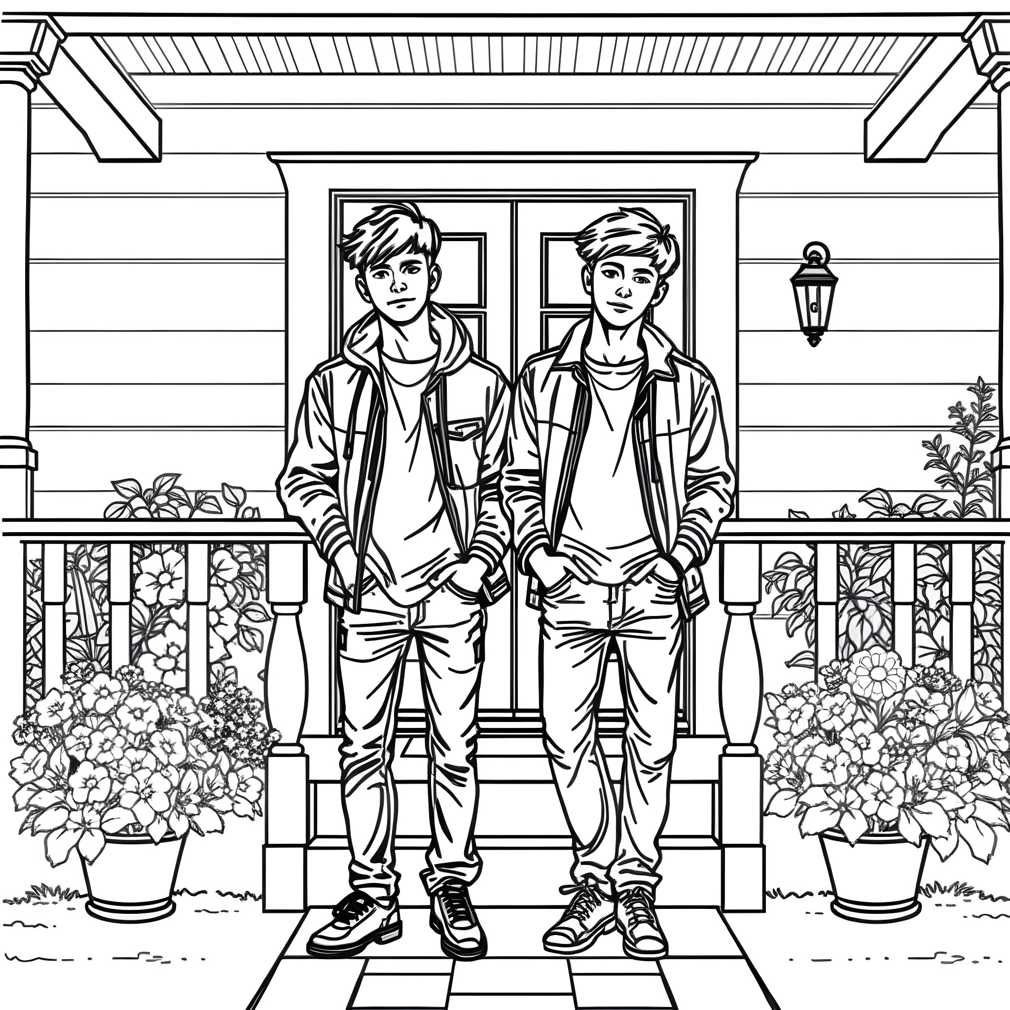 Teen Guys Posing on Porch with Flowers Coloring Page (free black-and-white line drawing printable PDF for all, from beginners to advanced learners, including children, teens, adults, and seniors)
