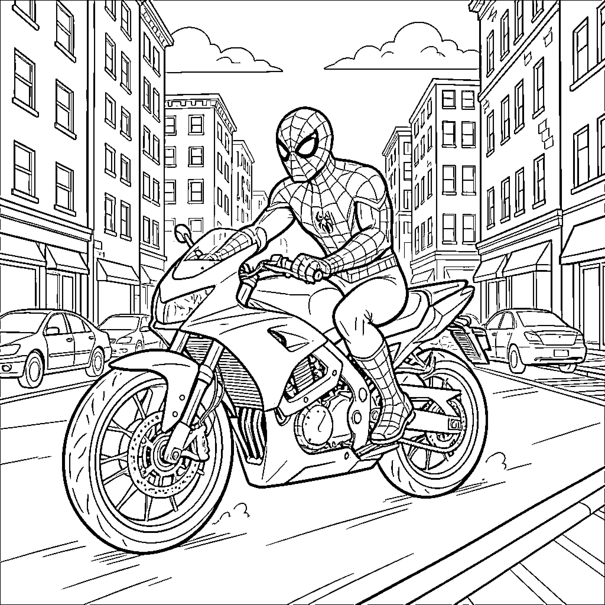 Spiderman riding a fast motorcycle through city streets Coloring Page (free black-and-white line drawing printable PDF for all, from beginners to advanced learners, including children, teens, adults, and seniors)