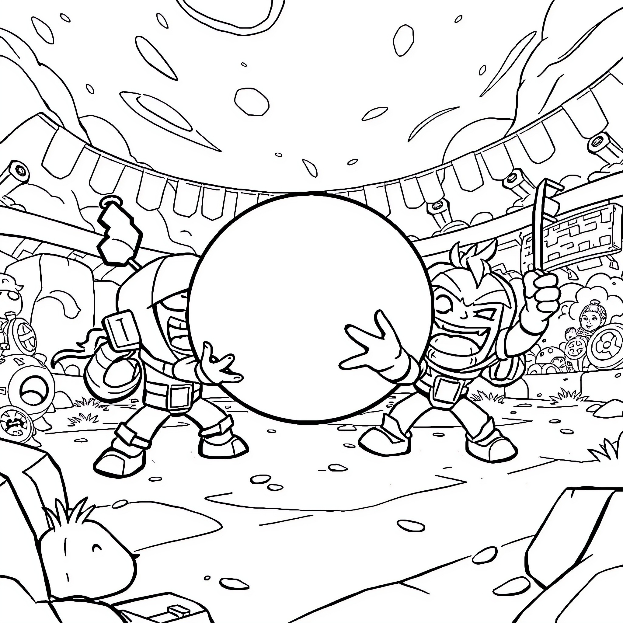 Brawl Stars characters in a lively combat scene Coloring Page (free black-and-white line drawing printable PDF for all, from beginners to advanced learners, including children, teens, adults, and seniors)