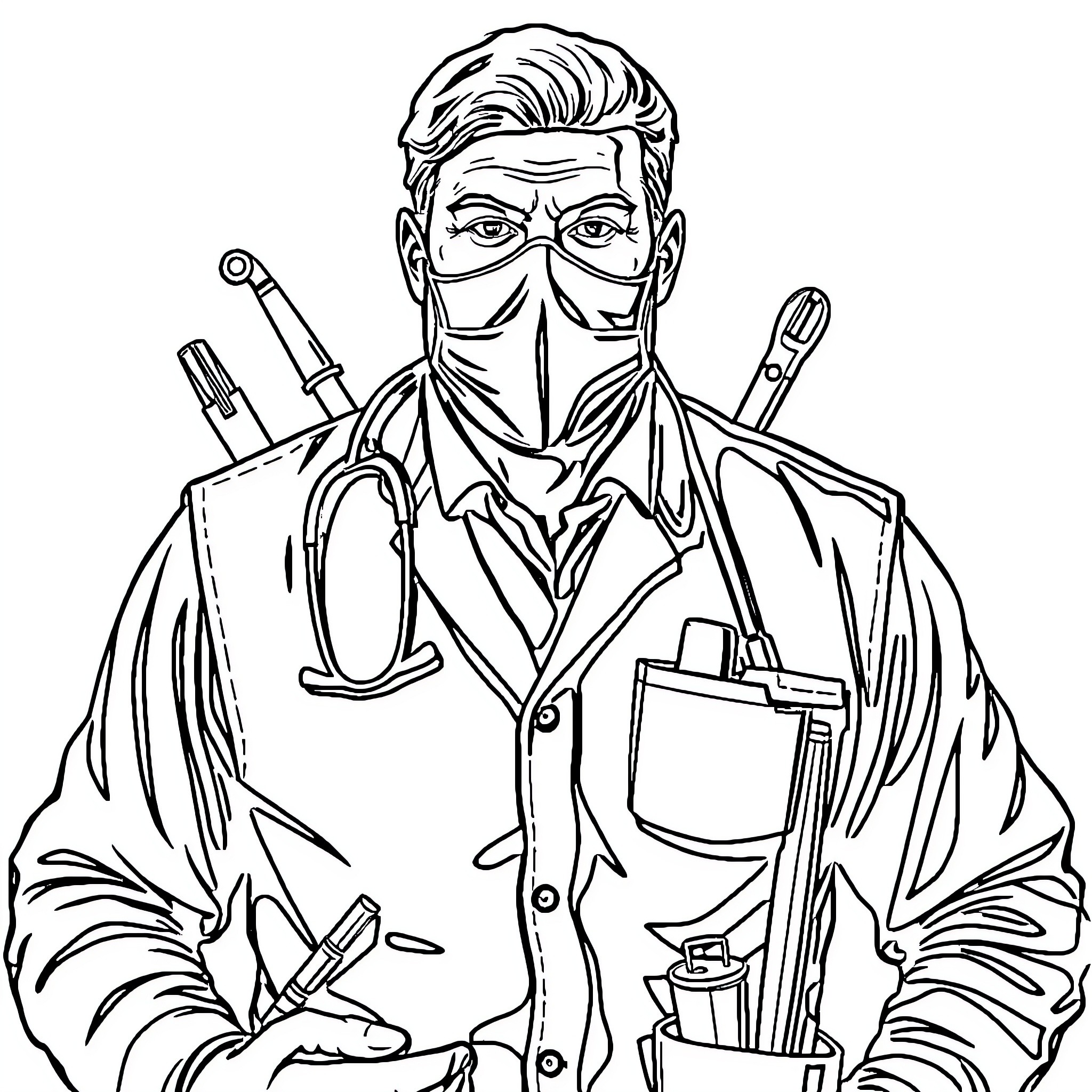 Doctor Performing Medical Examination with Instruments Coloring Page (free black-and-white line drawing printable PDF for all, from beginners to advanced learners, including children, teens, adults, and seniors)