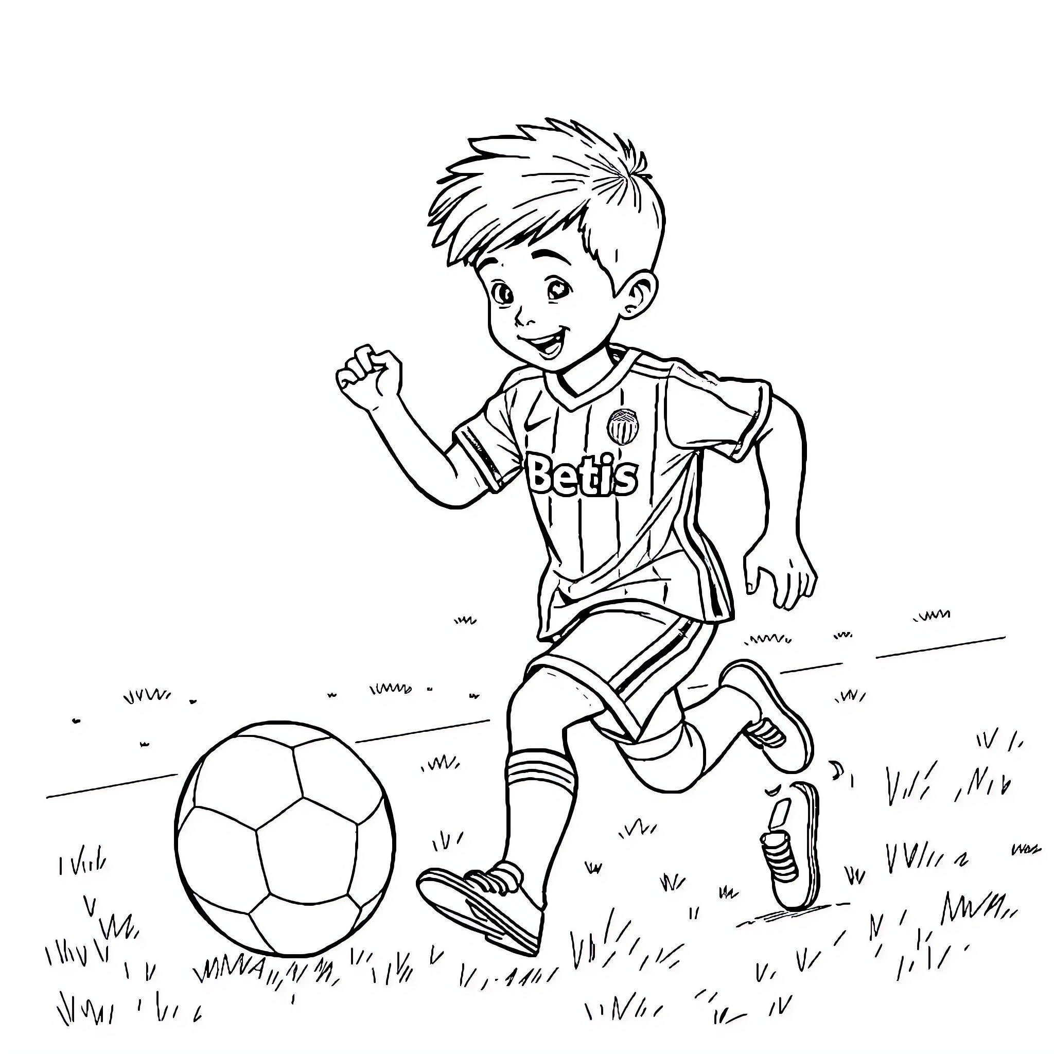 Niño playing soccer on the field Coloring Page (free black-and-white line drawing printable PDF for all, from beginners to advanced learners, including children, teens, adults, and seniors)