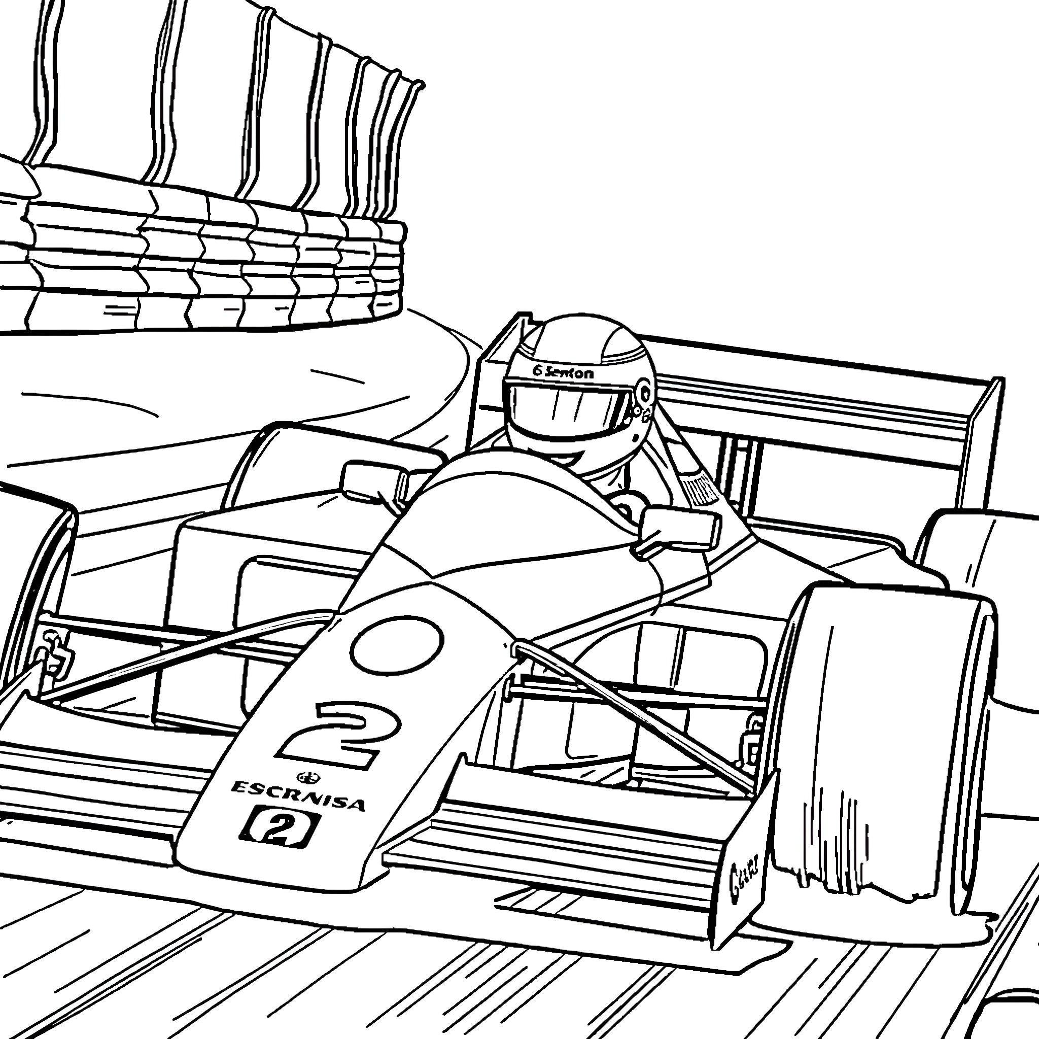 Ayrton Senna in High-Speed Formula One Race Coloring Page (free black-and-white line drawing printable PDF for all, from beginners to advanced learners, including children, teens, adults, and seniors)