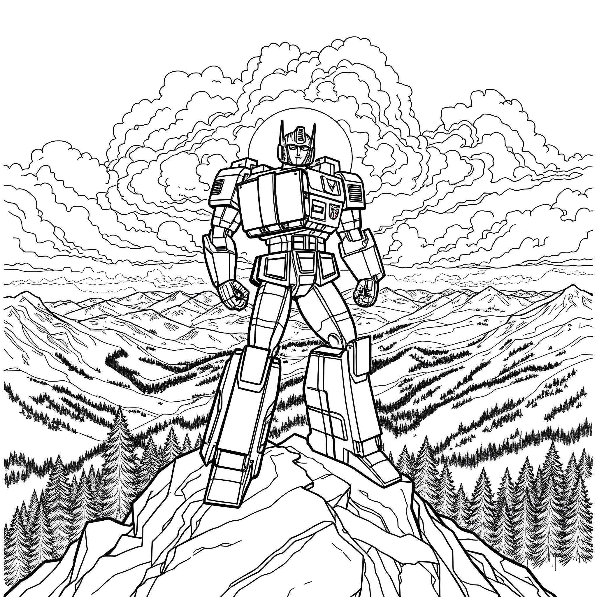 Optimus Prime overlooking a vast landscape Coloring Page (free black-and-white line drawing printable PDF for all, from beginners to advanced learners, including children, teens, adults, and seniors)