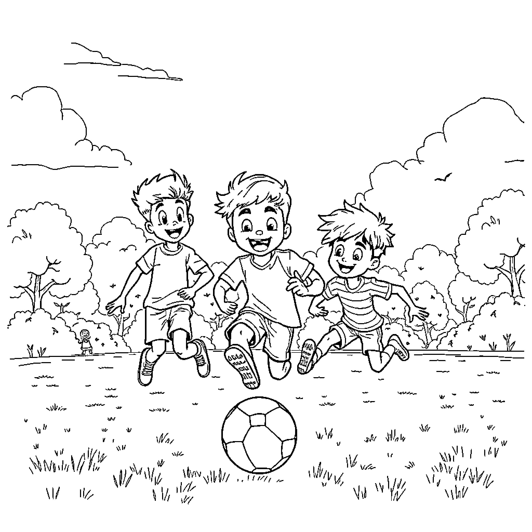 Huntrix Kids Playing Soccer Outdoors Coloring Page (free black-and-white line drawing printable PDF for all, from beginners to advanced learners, including children, teens, adults, and seniors)