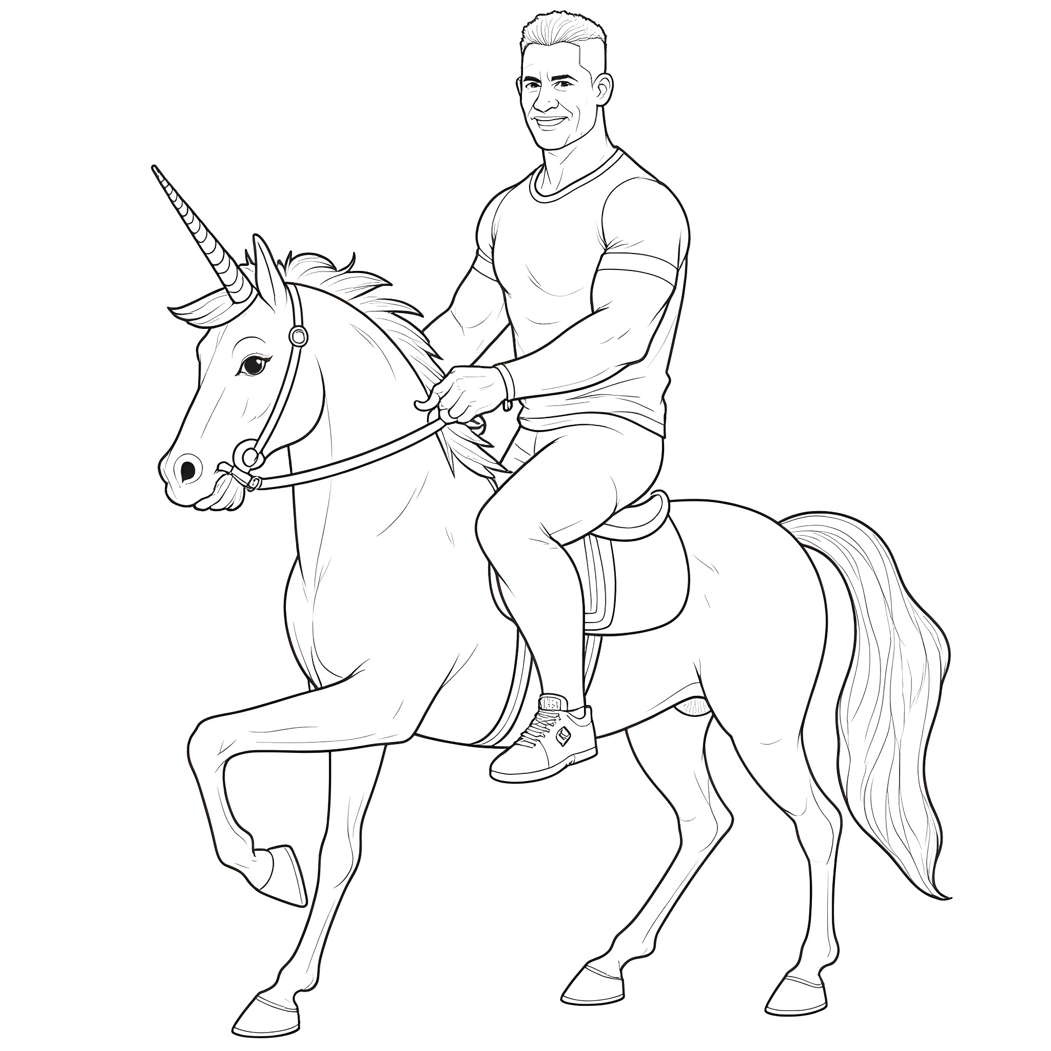 John Cena riding a unicorn in the park Coloring Page (free black-and-white line drawing printable PDF for all, from beginners to advanced learners, including children, teens, adults, and seniors)