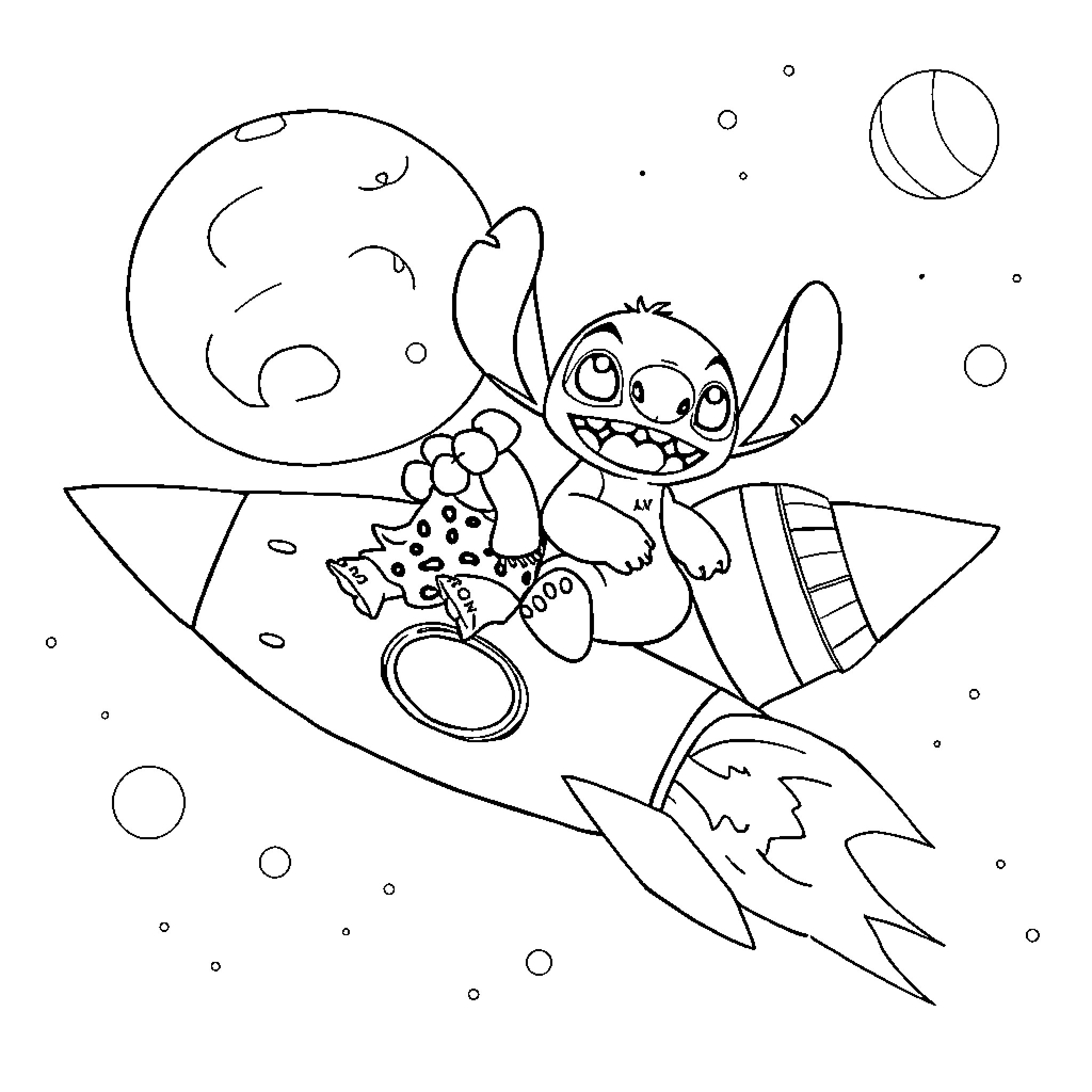 Lilo riding a rocket in outer space Coloring Page (free black-and-white line drawing printable PDF for all, from beginners to advanced learners, including children, teens, adults, and seniors)
