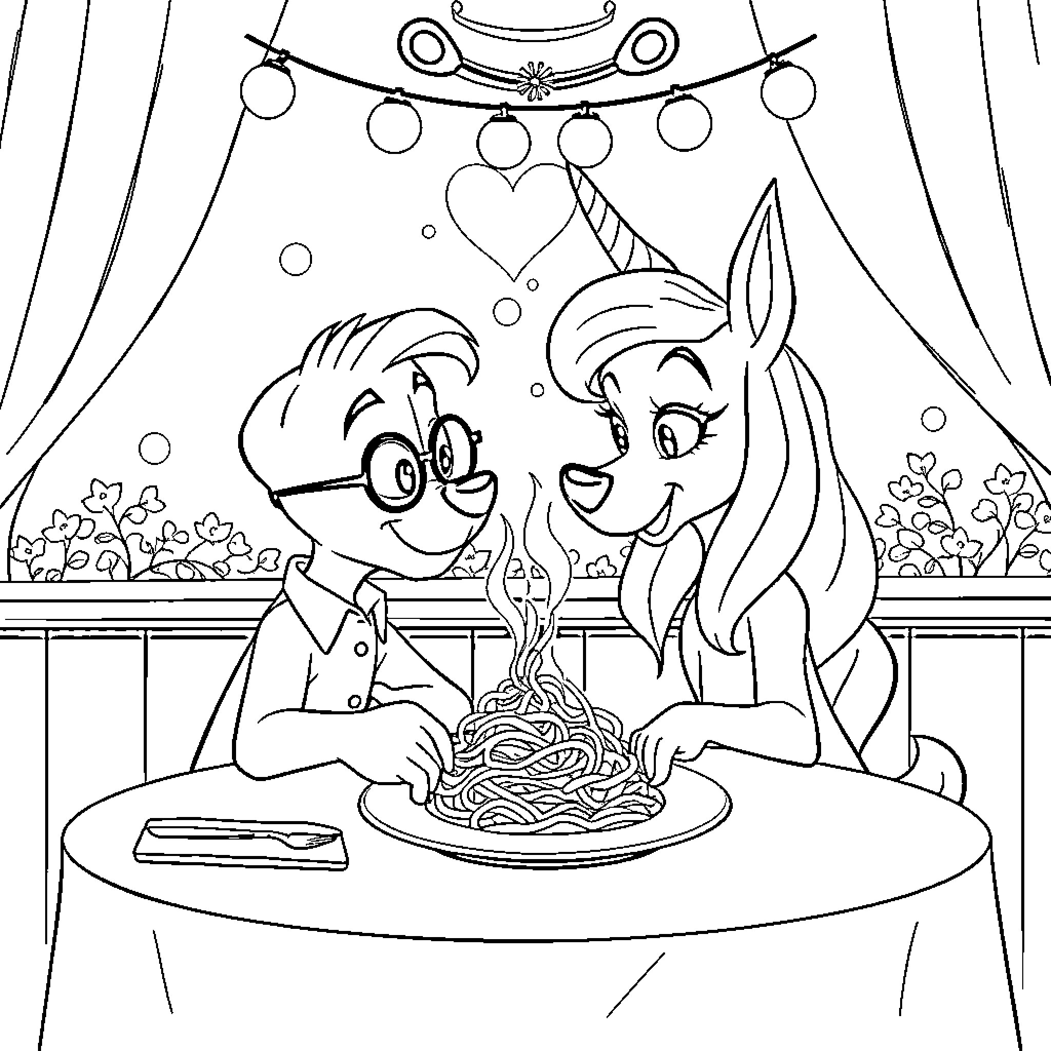 Dinner Date with Cartoon Characters Coloring Page (free black-and-white line drawing printable PDF for all, from beginners to advanced learners, including children, teens, adults, and seniors)