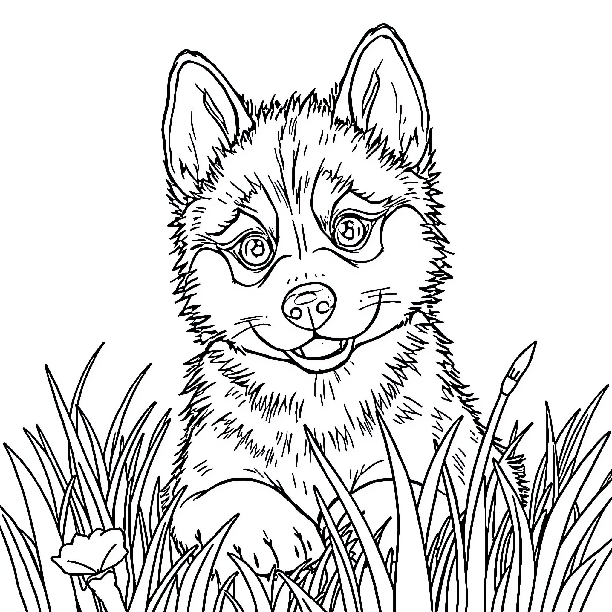 Husky pup exploring the grassy outdoors Coloring Page (free black-and-white line drawing printable PDF for all, from beginners to advanced learners, including children, teens, adults, and seniors)