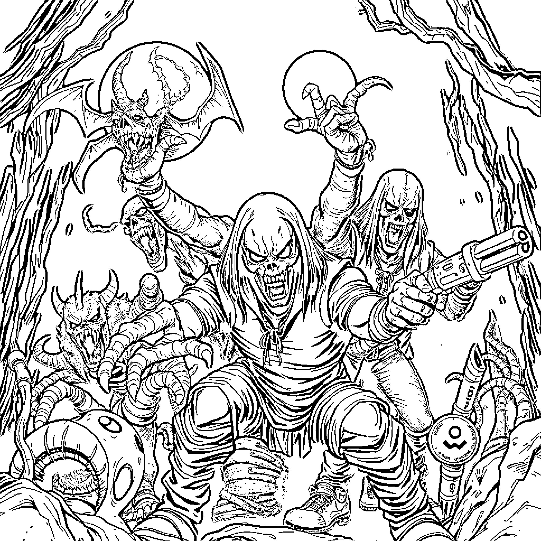 Horror Creatures Emerging from the Darkness Coloring Page (free black-and-white line drawing printable PDF for all, from beginners to advanced learners, including children, teens, adults, and seniors)