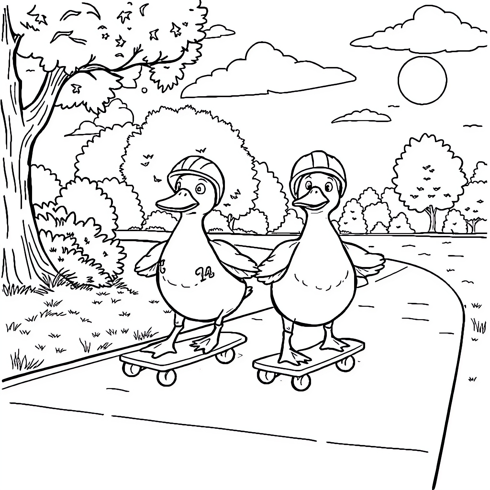 Duck duo skating happily in the park Coloring Page (free black-and-white line drawing printable PDF for all, from beginners to advanced learners, including children, teens, adults, and seniors)