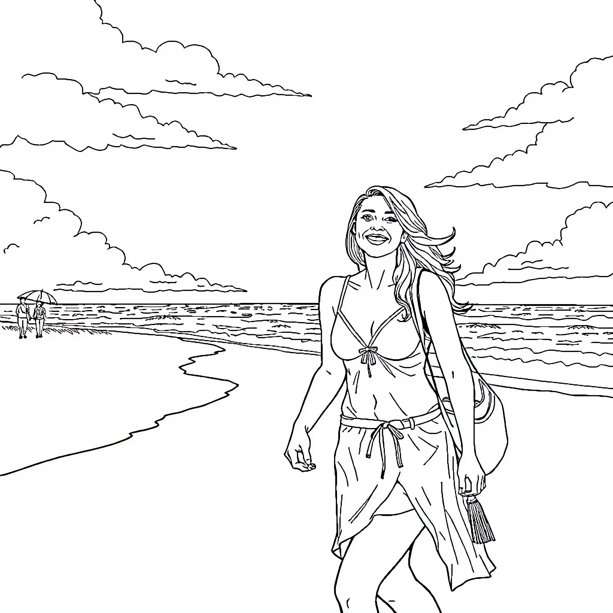 Couple enjoying the beach at sunset Coloring Page (free black-and-white line drawing printable PDF for all, from beginners to advanced learners, including children, teens, adults, and seniors)