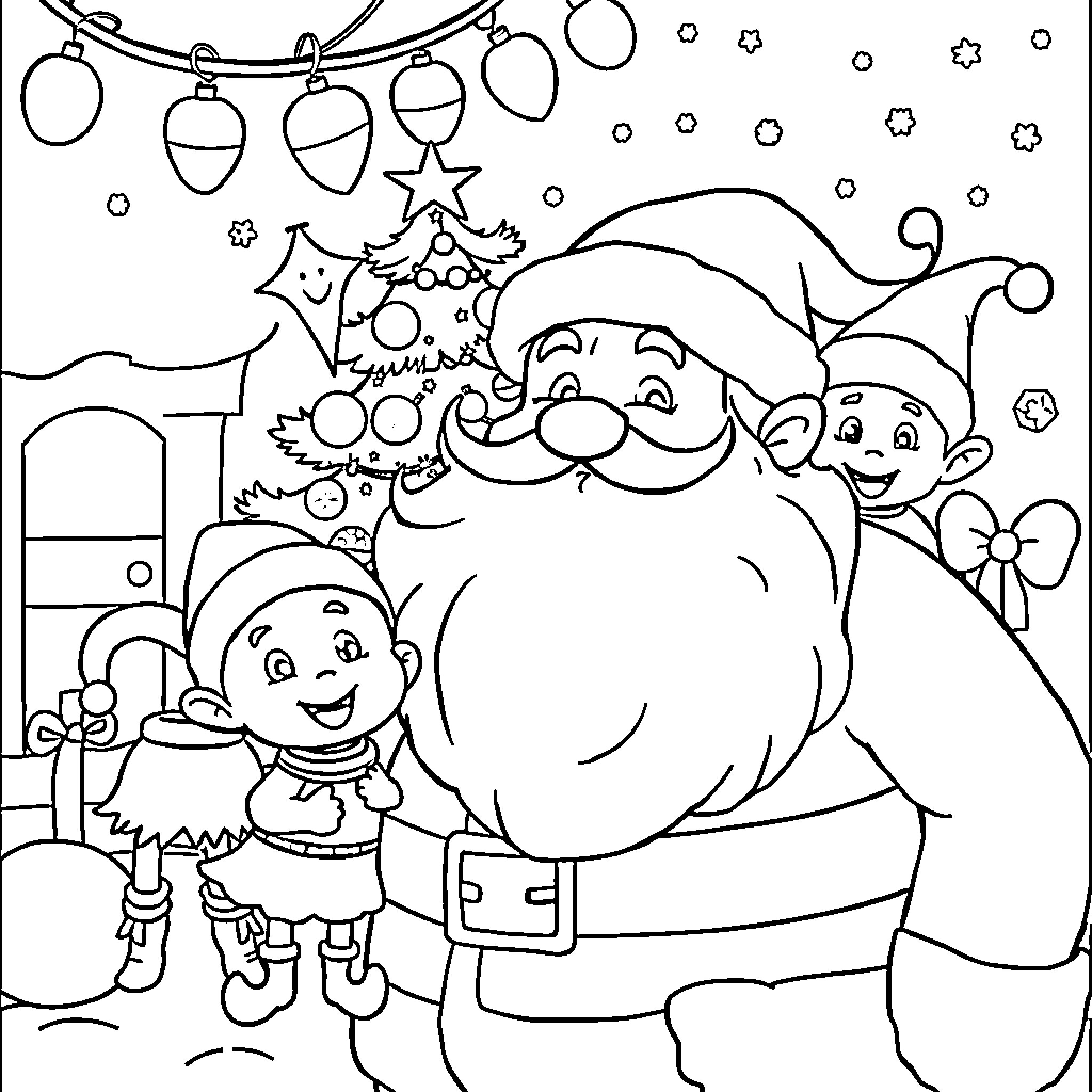 Christmas joy with Santa and his elves Coloring Page (free black-and-white line drawing printable PDF for all, from beginners to advanced learners, including children, teens, adults, and seniors)