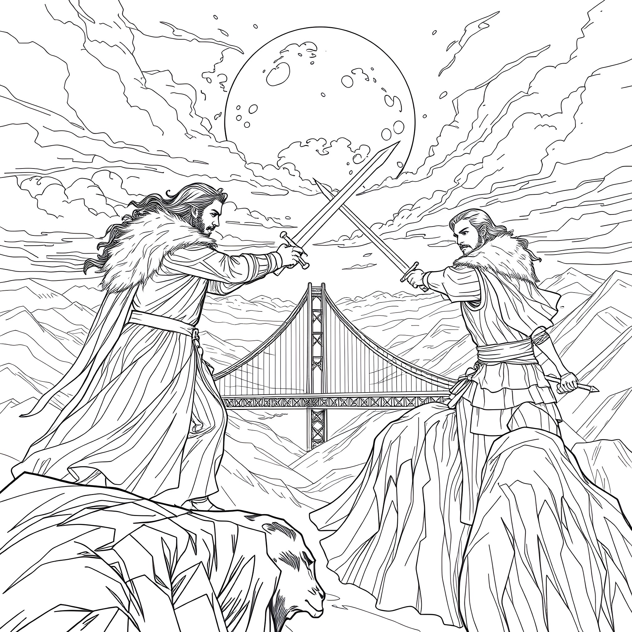 Aragorn and the Warrior Engage in Epic Battle Coloring Page (free black-and-white line drawing printable PDF for all, from beginners to advanced learners, including children, teens, adults, and seniors)