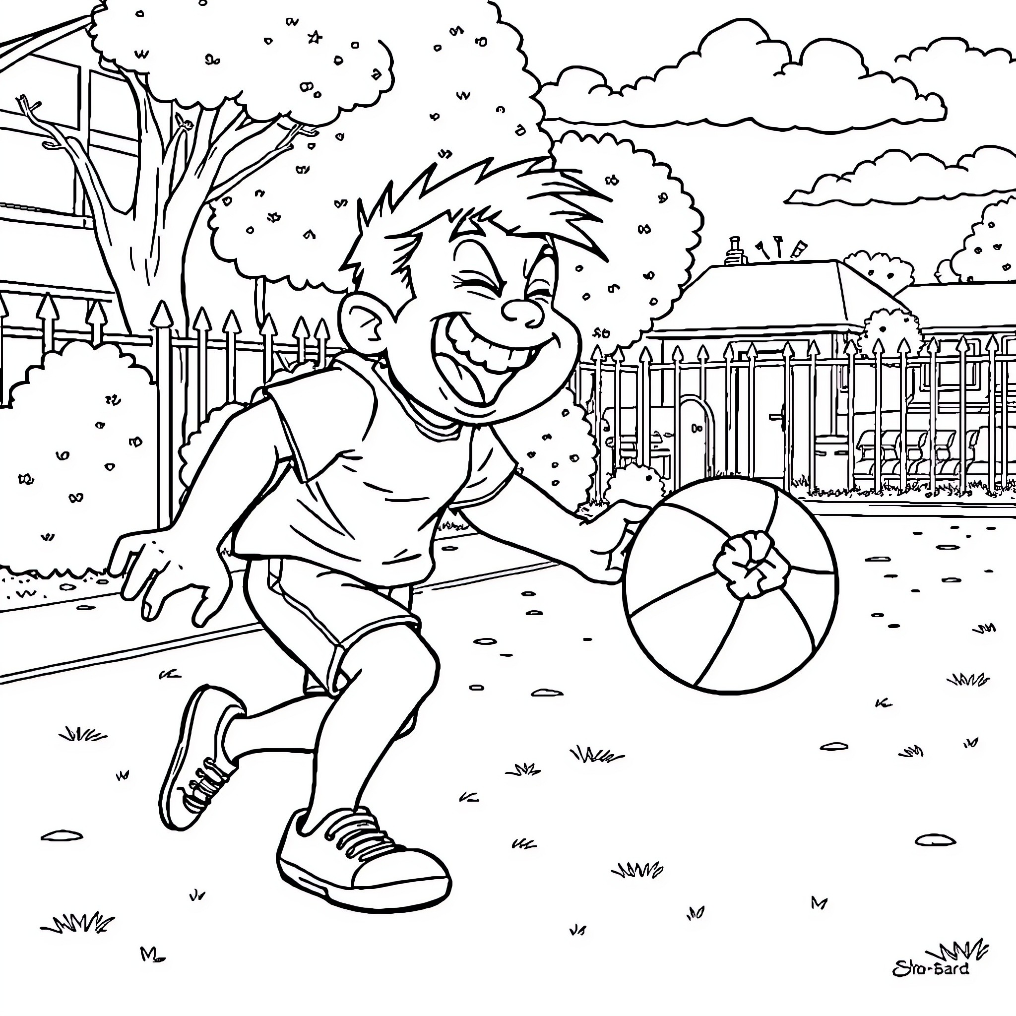 Bulldog playing with a beach ball on a sunny day Coloring Page (free black-and-white line drawing printable PDF for all, from beginners to advanced learners, including children, teens, adults, and seniors)