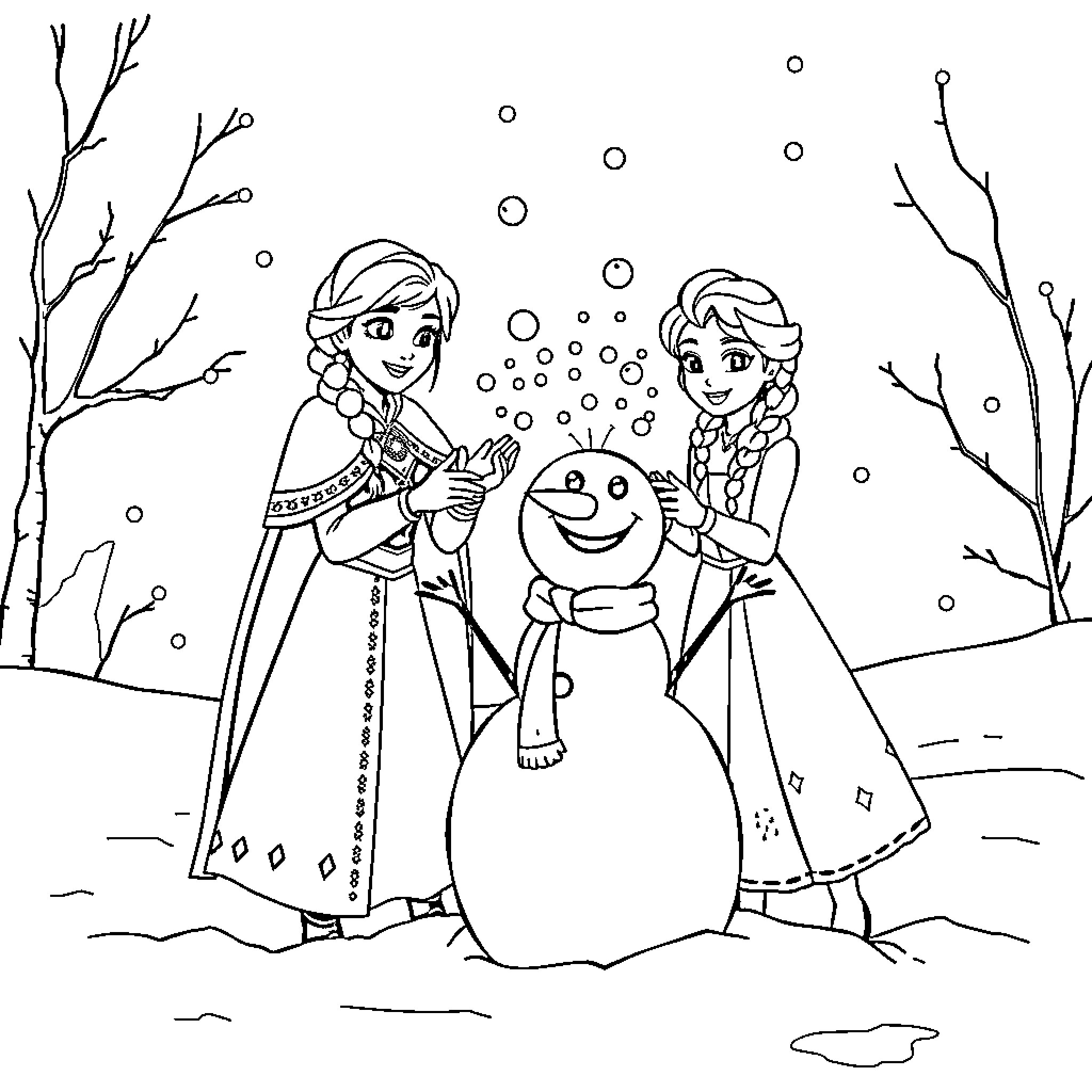 Anna and Elsa building a friendly snowman Coloring Page (free black-and-white line drawing printable PDF for all, from beginners to advanced learners, including children, teens, adults, and seniors)