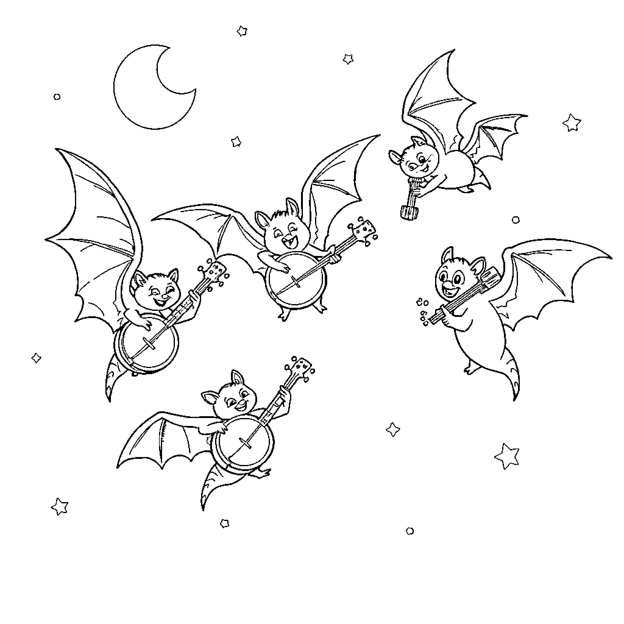 Bat friends playing and flying in the night sky Coloring Page (free black-and-white line drawing printable PDF for all, from beginners to advanced learners, including children, teens, adults, and seniors)