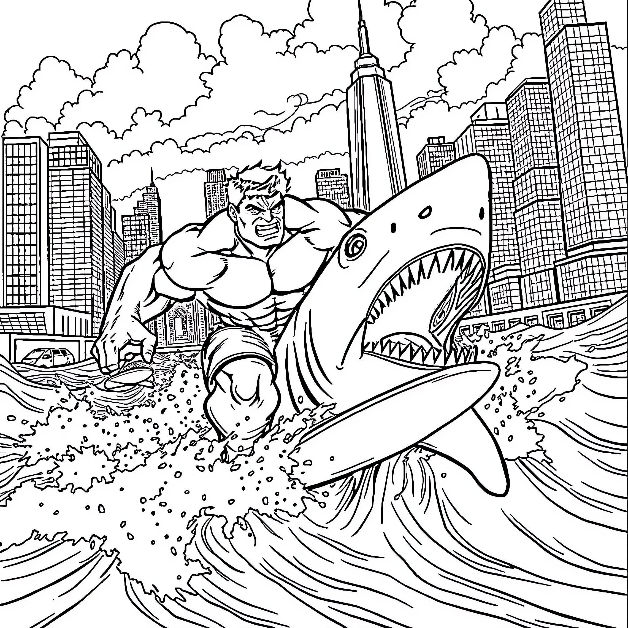 Hulk fighting giant shark in urban setting Coloring Page (free black-and-white line drawing printable PDF for all, from beginners to advanced learners, including children, teens, adults, and seniors)