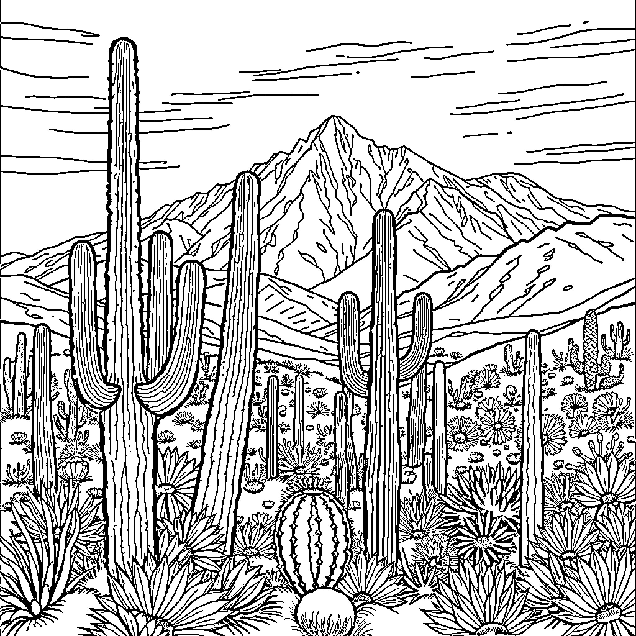 Cactus and cacti in the desert landscape Coloring Page (free black-and-white line drawing printable PDF for all, from beginners to advanced learners, including children, teens, adults, and seniors)