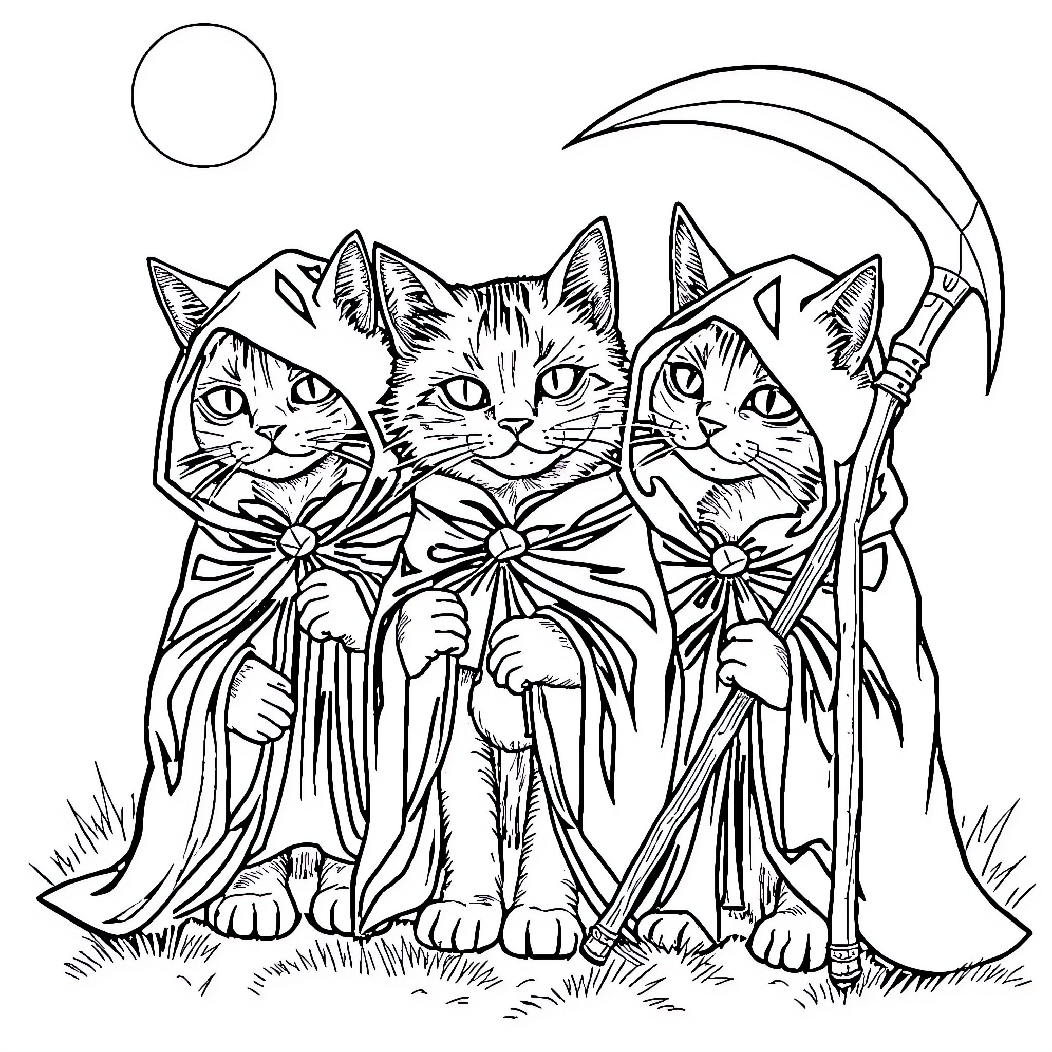 Cat trio dressed in flower garlands Coloring Page (free black-and-white line drawing printable PDF for all, from beginners to advanced learners, including children, teens, adults, and seniors)