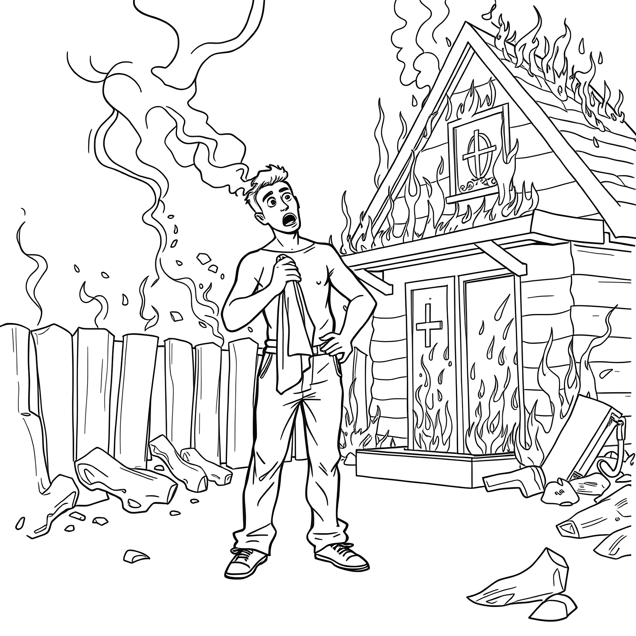 Man standing in front of burning cabin Coloring Page (free black-and-white line drawing printable PDF for all, from beginners to advanced learners, including children, teens, adults, and seniors)