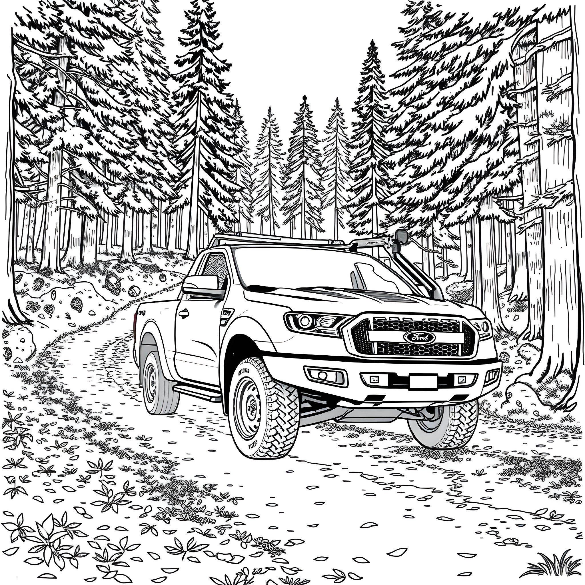 Ford off-road vehicle exploring snowy forest landscape Coloring Page (free black-and-white line drawing printable PDF for all, from beginners to advanced learners, including children, teens, adults, and seniors)