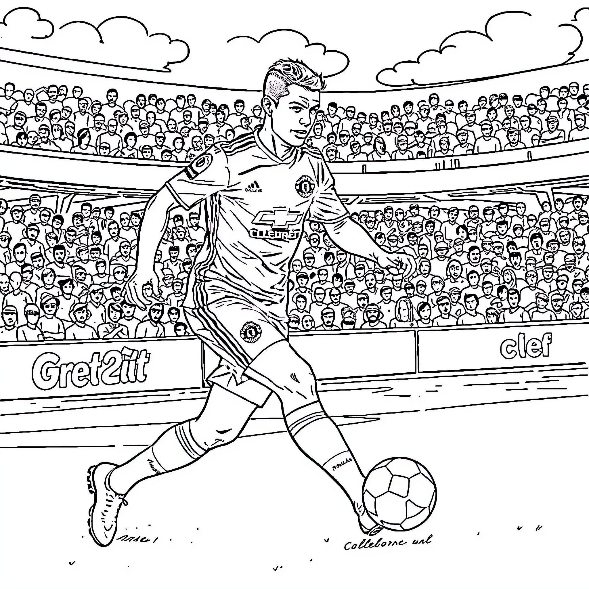 Cristiano Ronaldo in Action on the Soccer Field Coloring Page (free black-and-white line drawing printable PDF for all, from beginners to advanced learners, including children, teens, adults, and seniors)