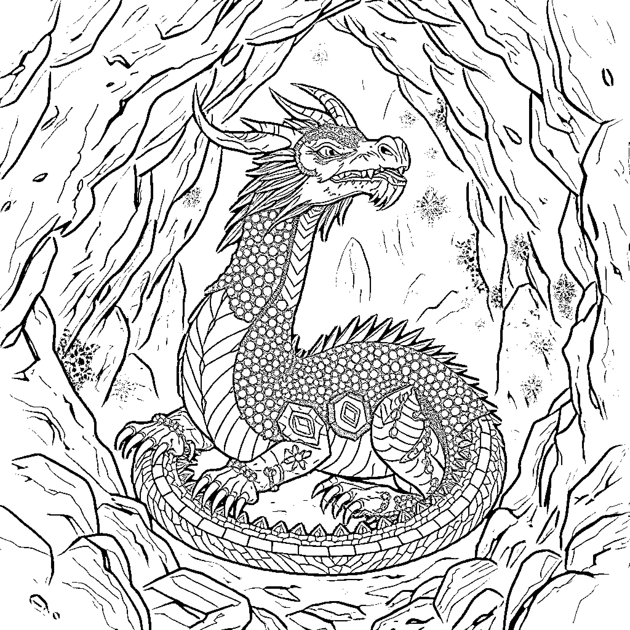 Dragon Emerging from Intricate Forest Coloring Page (free black-and-white line drawing printable PDF for all, from beginners to advanced learners, including children, teens, adults, and seniors)