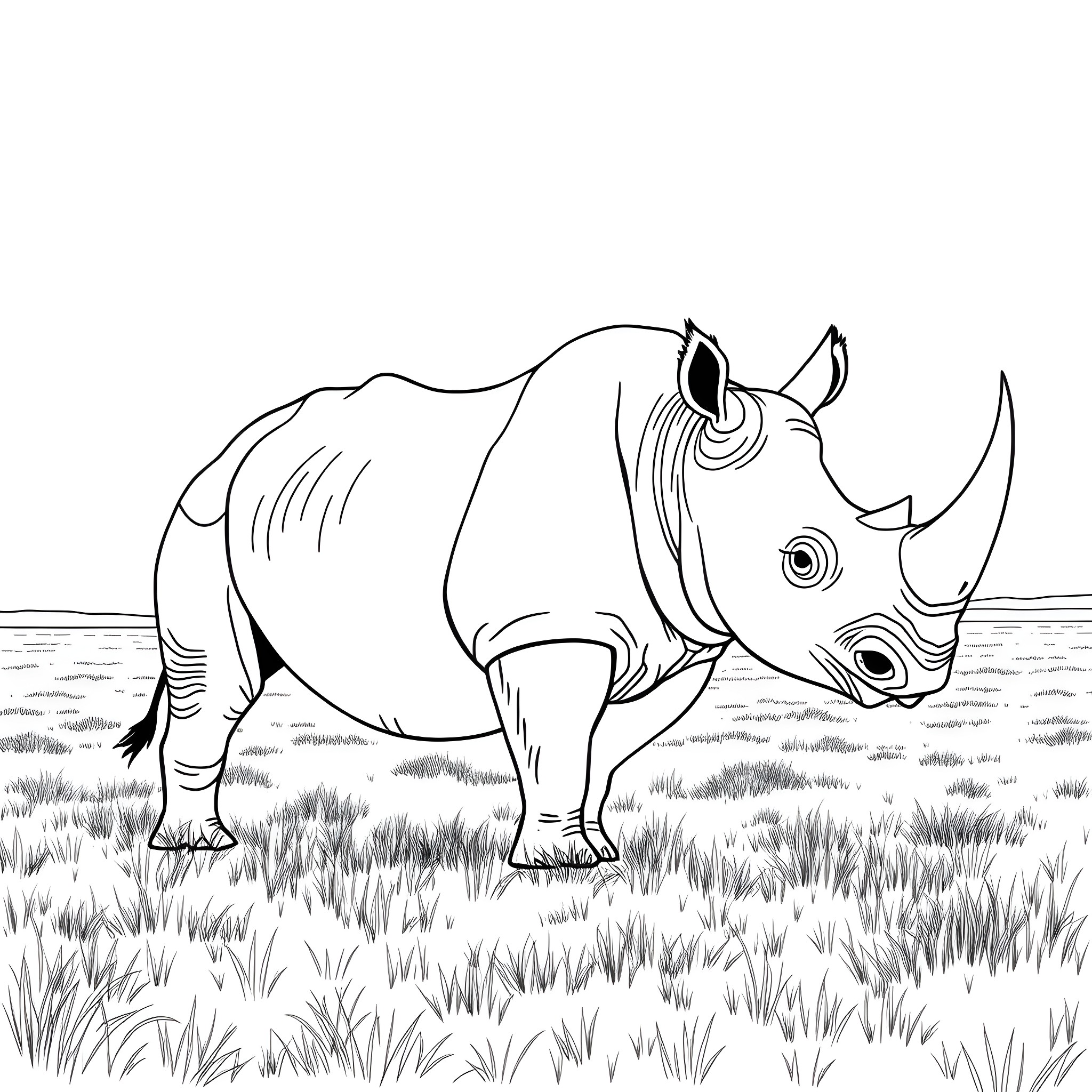 Rhinoceros standing vigilantly in the grasslands Coloring Page (free black-and-white line drawing printable PDF for all, from beginners to advanced learners, including children, teens, adults, and seniors)