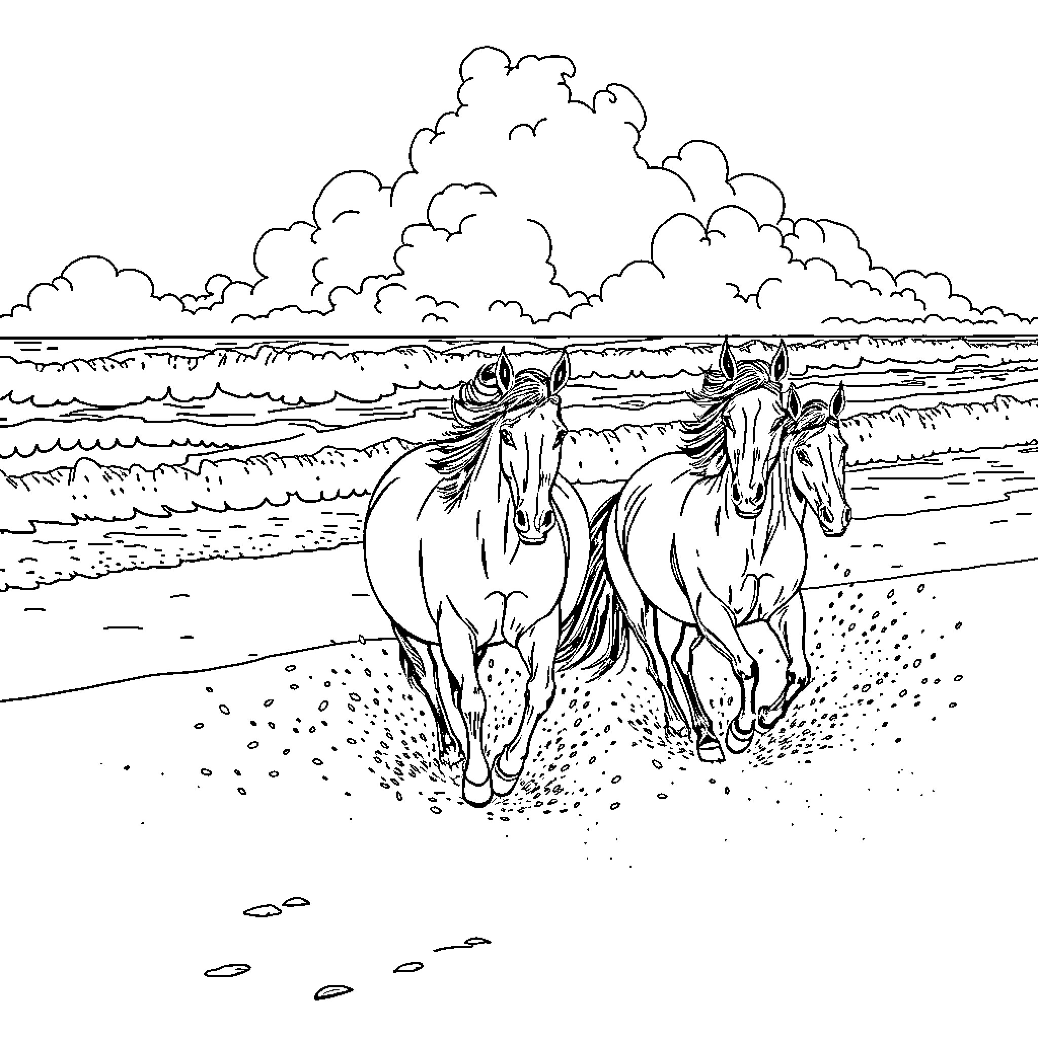 Horses galloping through the field under cloudy skies Coloring Page (free black-and-white line drawing printable PDF for all, from beginners to advanced learners, including children, teens, adults, and seniors)