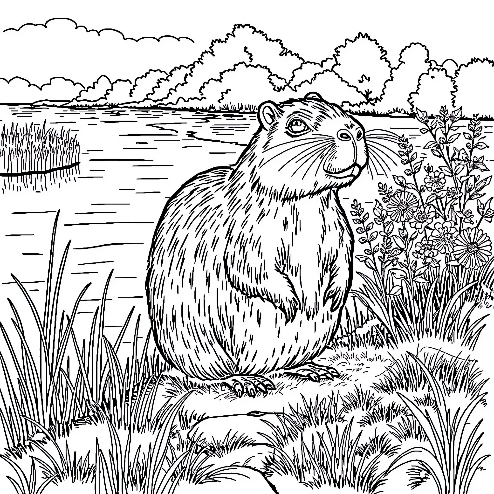Capybara enjoying nature by the lakeside Coloring Page (free black-and-white line drawing printable PDF for all, from beginners to advanced learners, including children, teens, adults, and seniors)