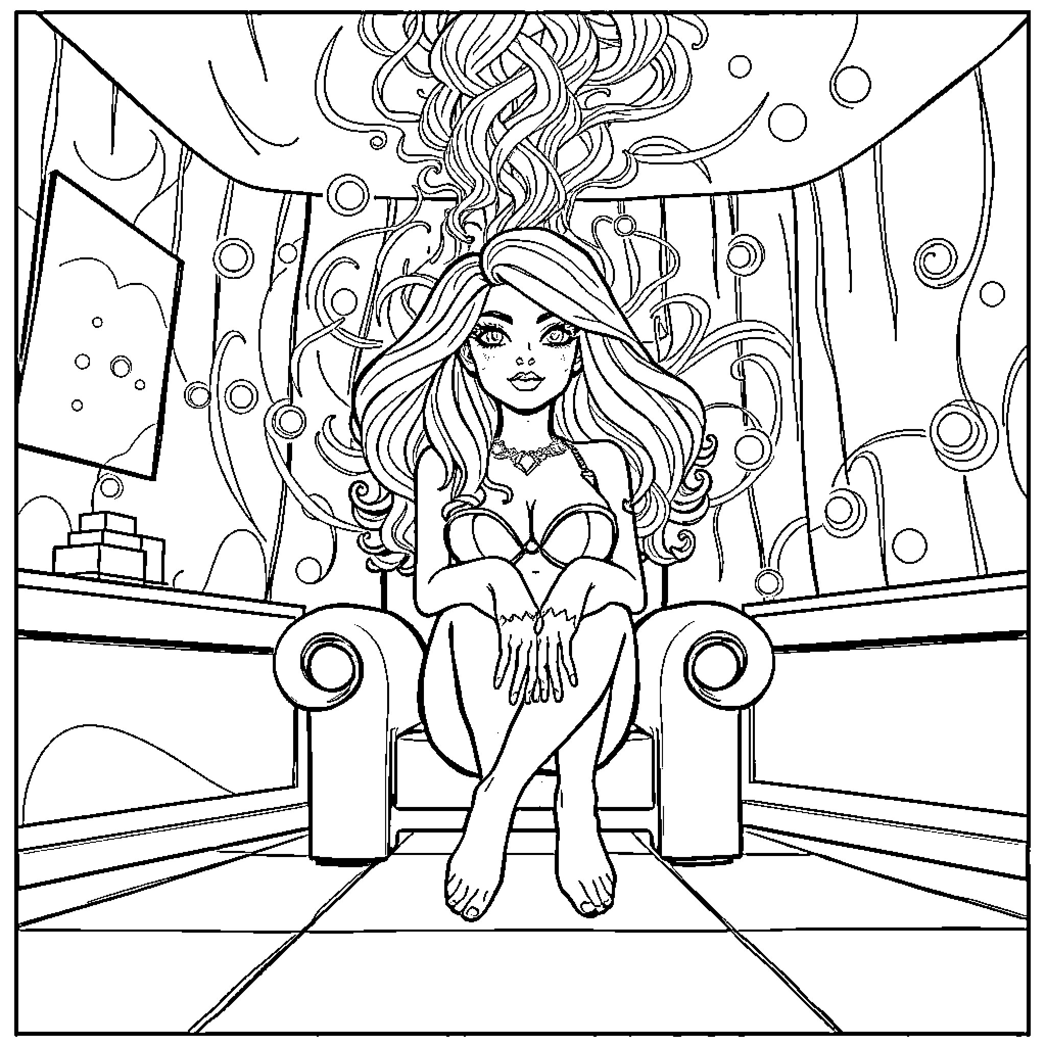 Bimbo Goddess Sitting on the Throne Coloring Page (free black-and-white line drawing printable PDF for all, from beginners to advanced learners, including children, teens, adults, and seniors)