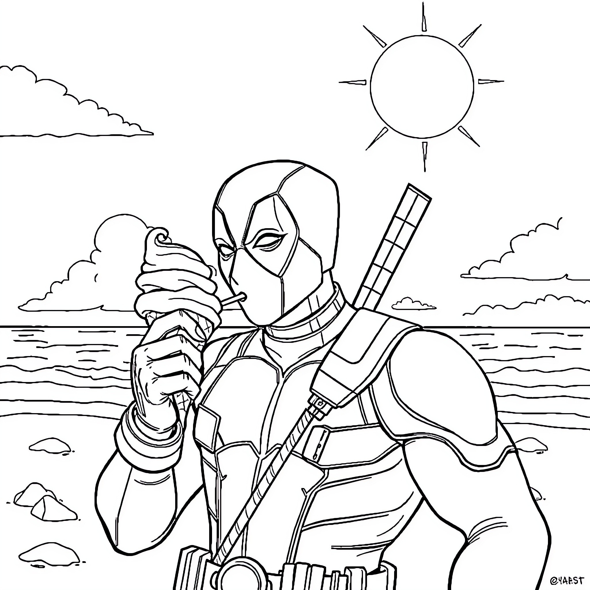 Deadpool strikes a heroic pose on the beach Coloring Page (free black-and-white line drawing printable PDF for all, from beginners to advanced learners, including children, teens, adults, and seniors)