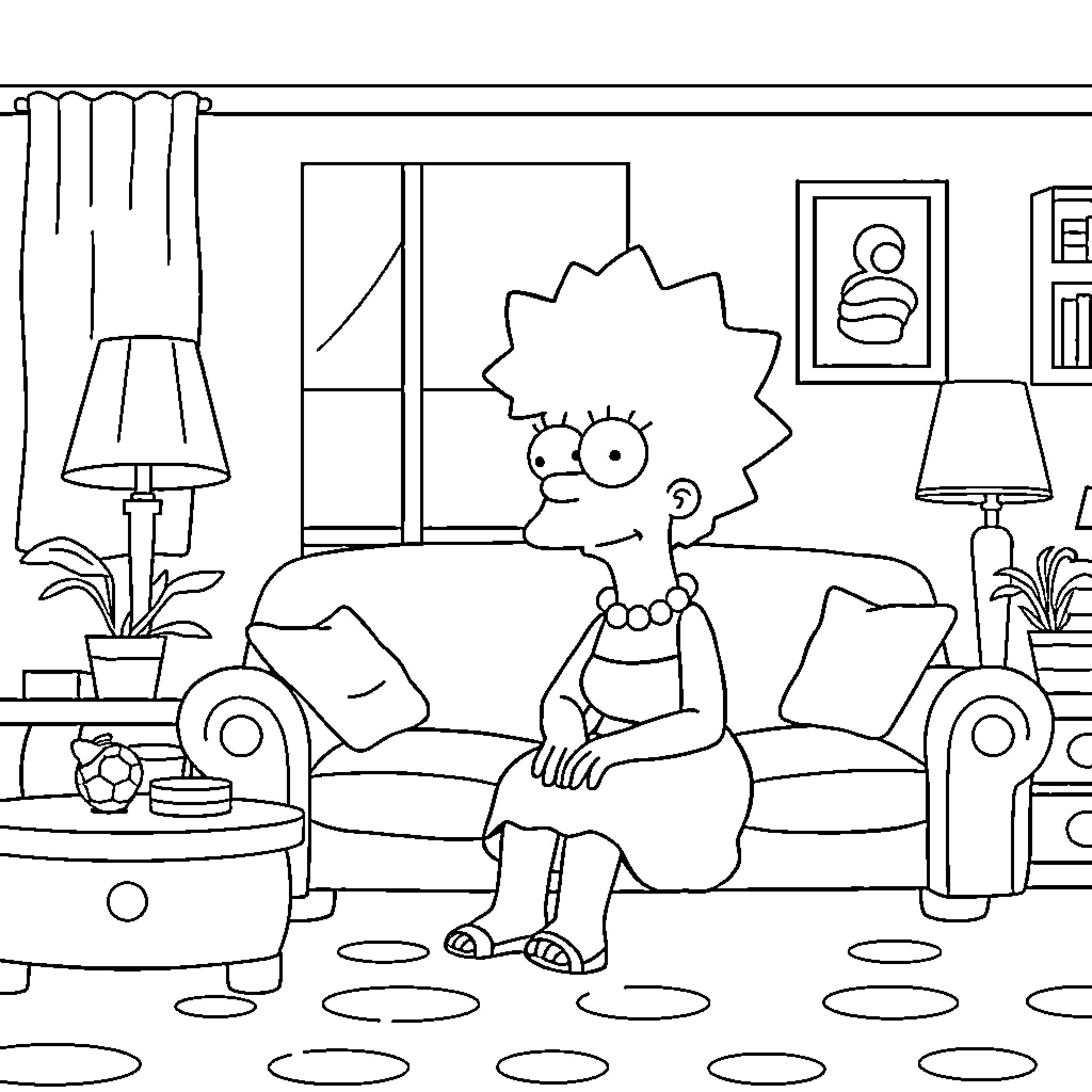 Marge Simpson relaxing at home in her living room Coloring Page (free black-and-white line drawing printable PDF for all, from beginners to advanced learners, including children, teens, adults, and seniors)