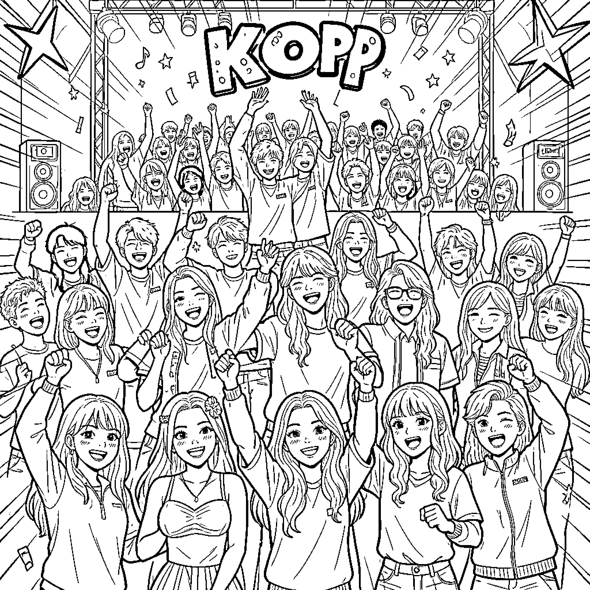 Kpop Performers on Stage with Audience Coloring Page (free black-and-white line drawing printable PDF for all, from beginners to advanced learners, including children, teens, adults, and seniors)