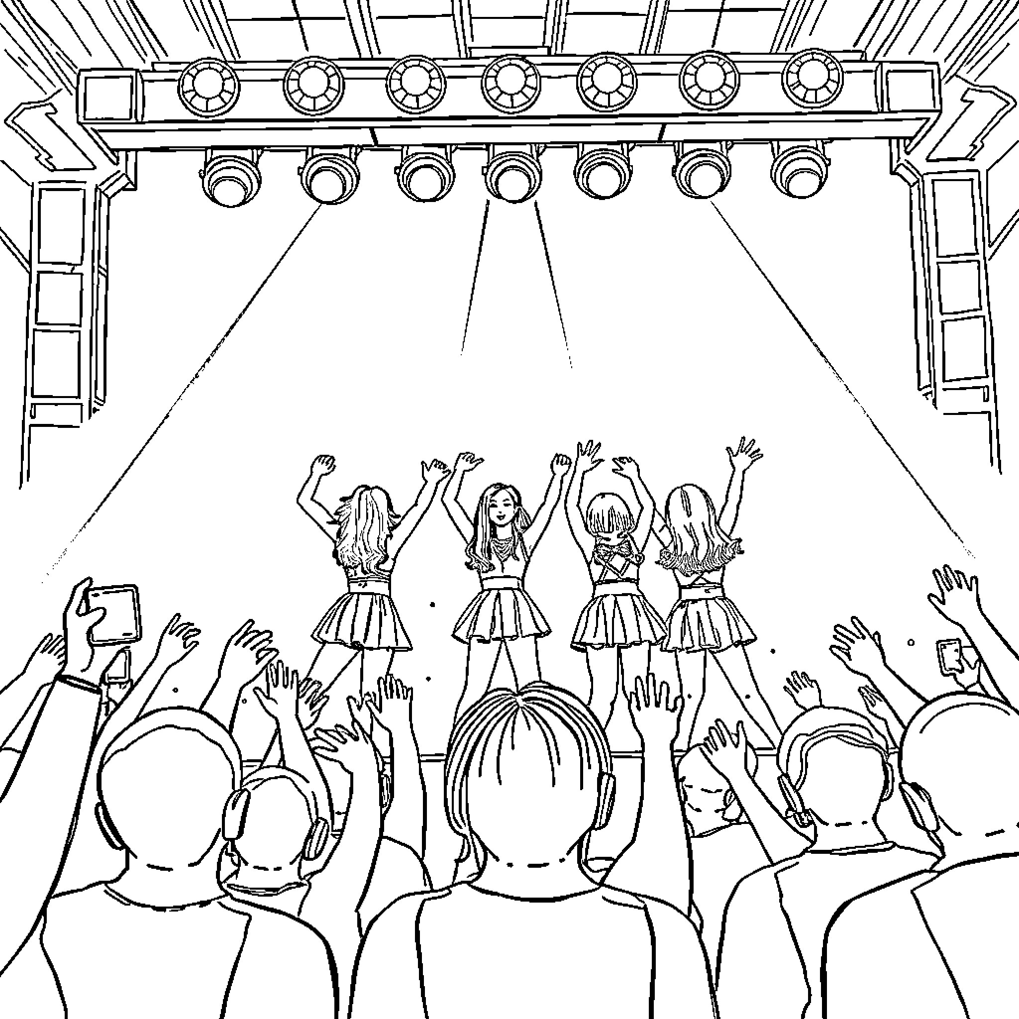 Blackpink Performing on Stage with Enthusiastic Crowd Coloring Page (free black-and-white line drawing printable PDF for all, from beginners to advanced learners, including children, teens, adults, and seniors)