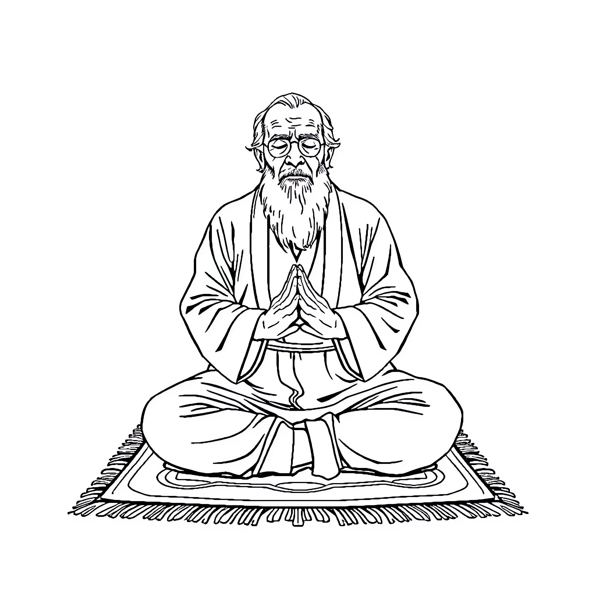 Sage in deep contemplation on prayer mat Coloring Page (free black-and-white line drawing printable PDF for all, from beginners to advanced learners, including children, teens, adults, and seniors)
