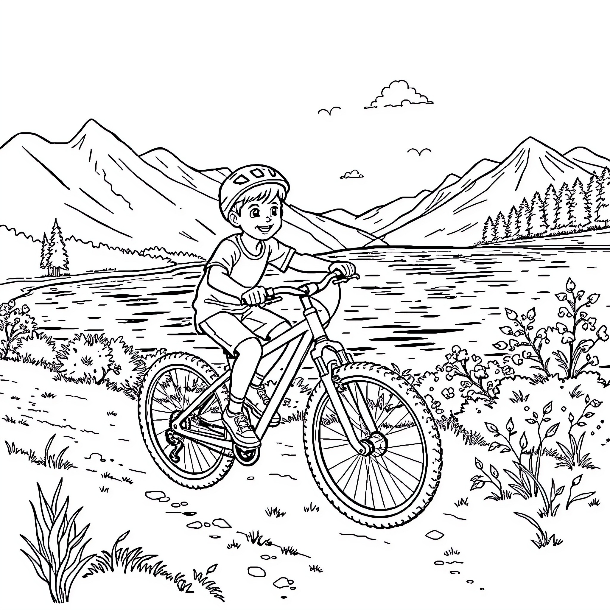 Boy riding bicycle in scenic mountain landscape Coloring Page (free black-and-white line drawing printable PDF for all, from beginners to advanced learners, including children, teens, adults, and seniors)