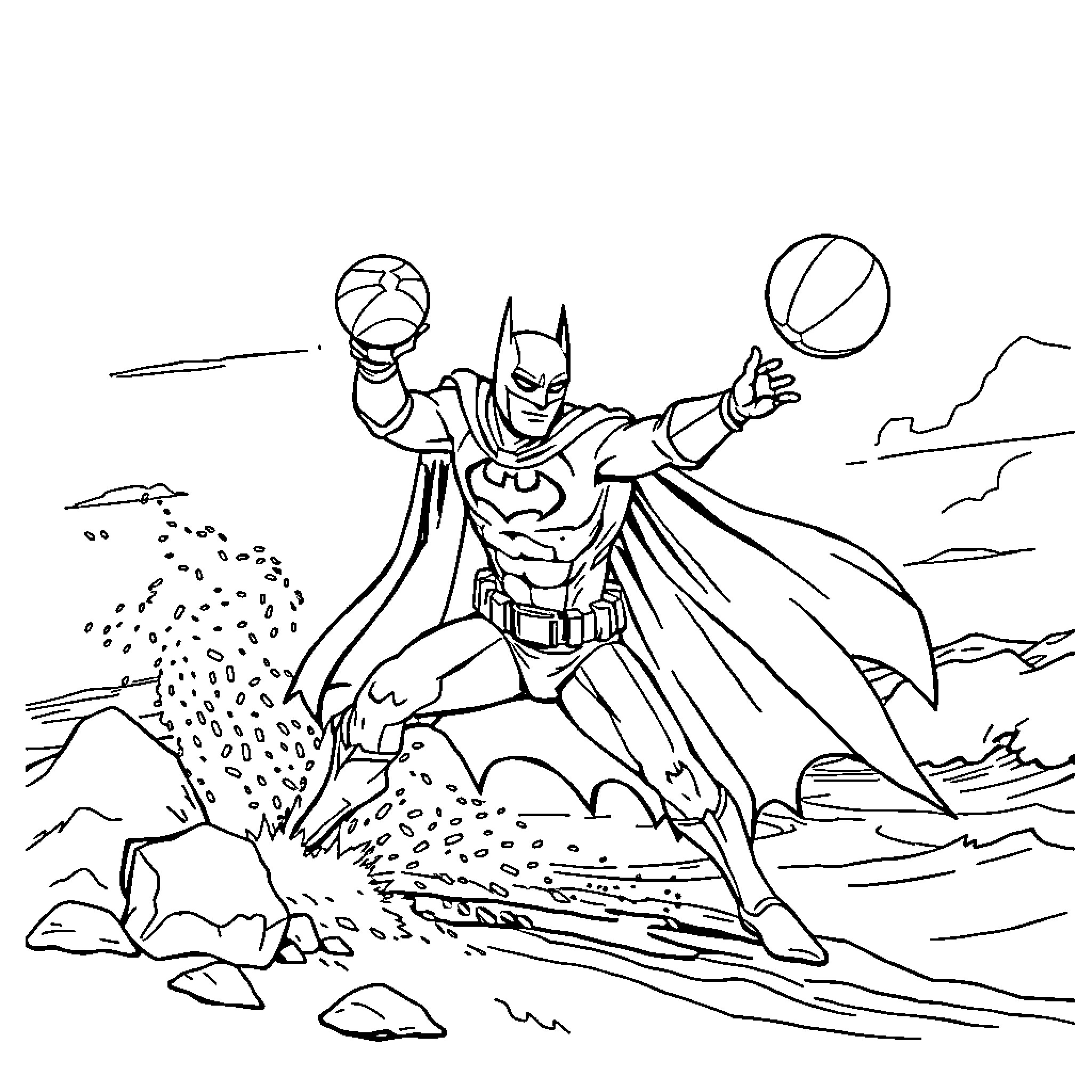 Batman Battling Villains in Dramatic Pose Coloring Page (free black-and-white line drawing printable PDF for all, from beginners to advanced learners, including children, teens, adults, and seniors)