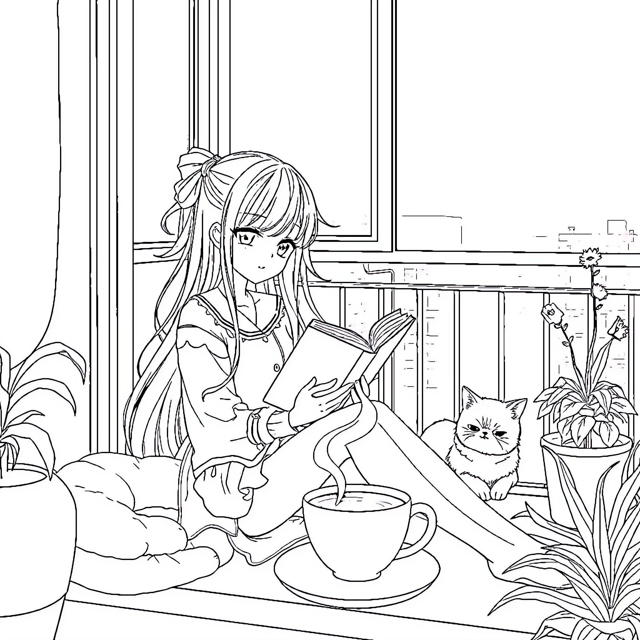 Anime Girl reading book with cat by window Coloring Page (free black-and-white line drawing printable PDF for all, from beginners to advanced learners, including children, teens, adults, and seniors)