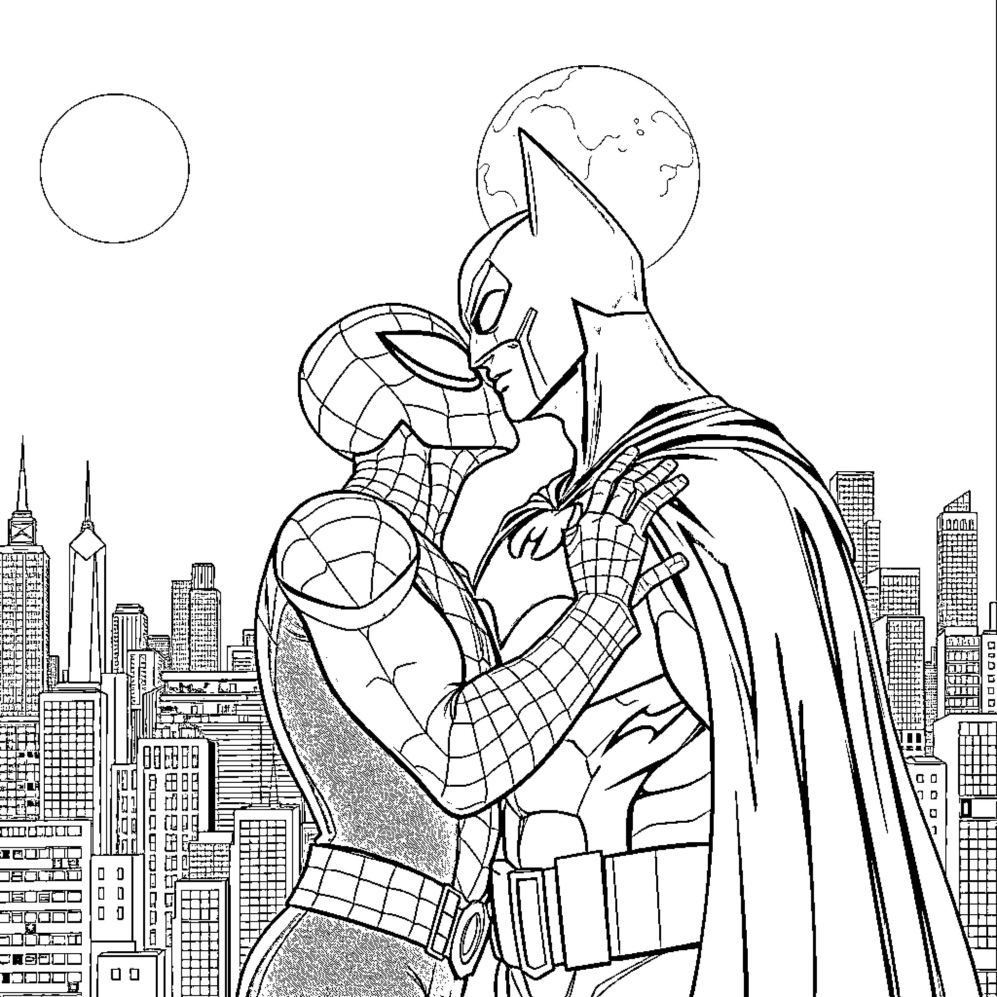 Spider-Man battling crime in the city Coloring Page (free black-and-white line drawing printable PDF for all, from beginners to advanced learners, including children, teens, adults, and seniors)